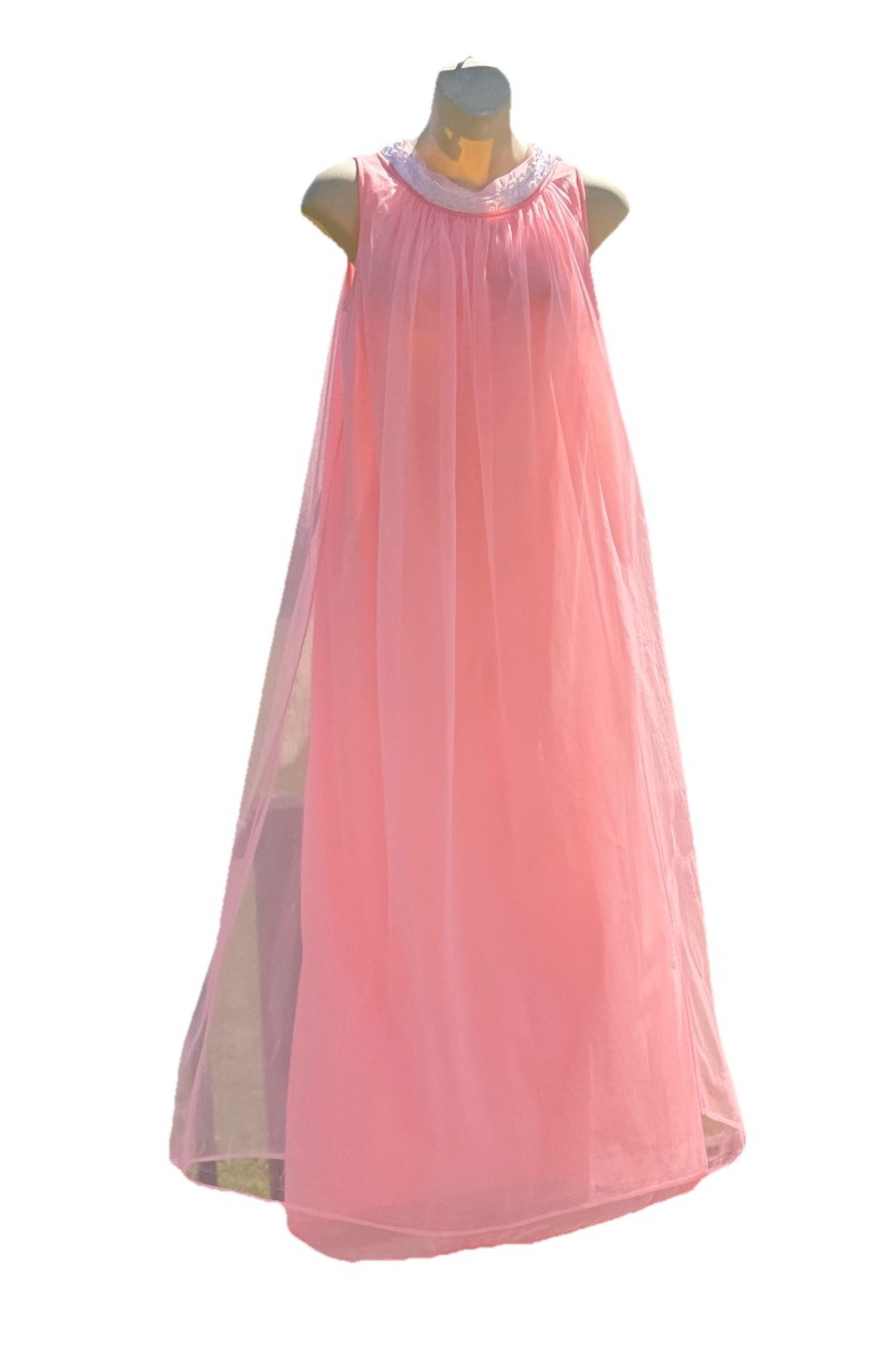1960s PEACH CHIFFON OVER NYLON DUAL LAYER NEGLIGEE ROUND COLLAR LINGERIE *READ