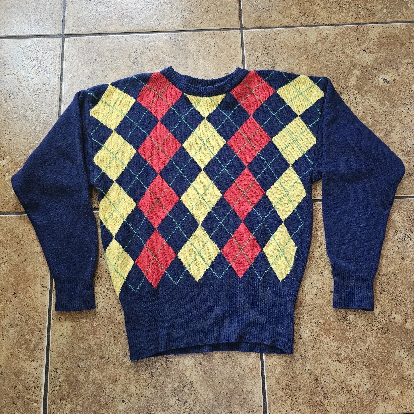 Vintage Liz Sport Sweater Argyle Wool Red Yellow Blue 80s Medium School Studious