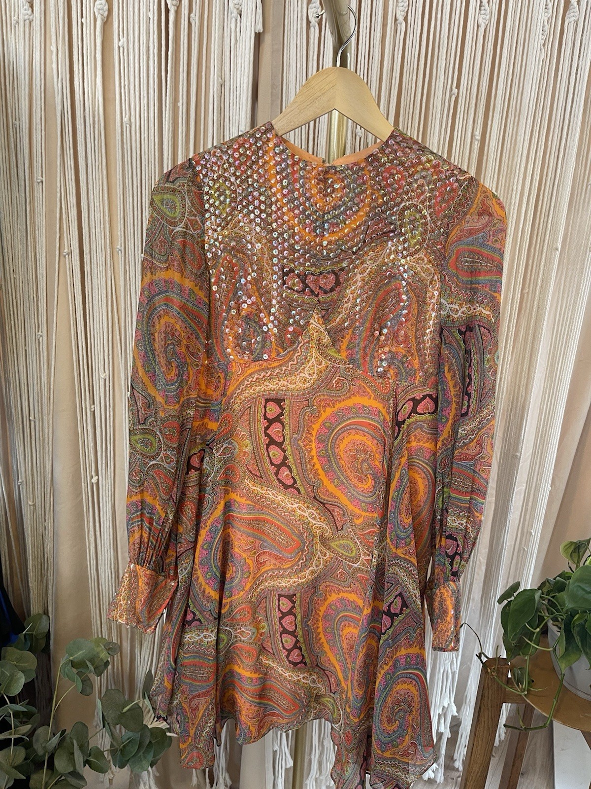 Vintage 60s/70s Lisa Meril Paisley Mini Dress sequin detail bright colors Disco