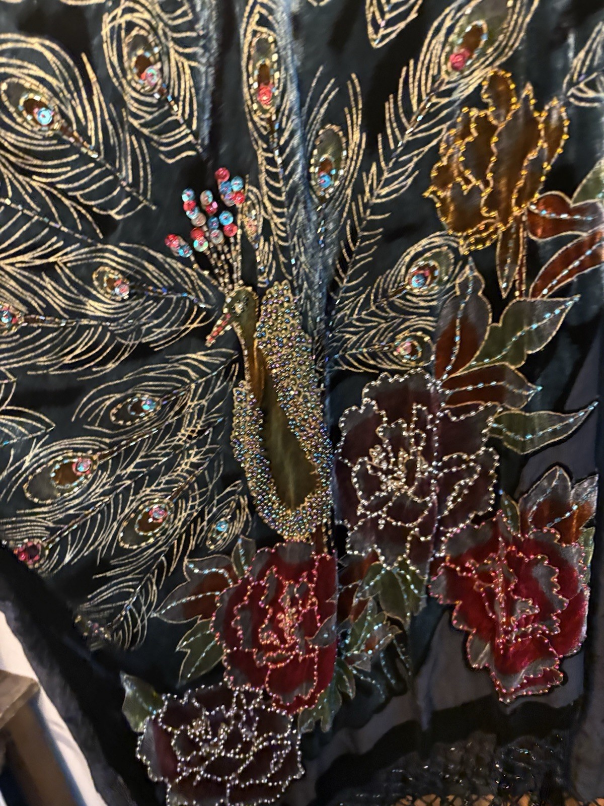 Kimono Duster Jacket Peacock Floral Velvet Beaded Burnout Coverup OS L/XL/1X/2X
