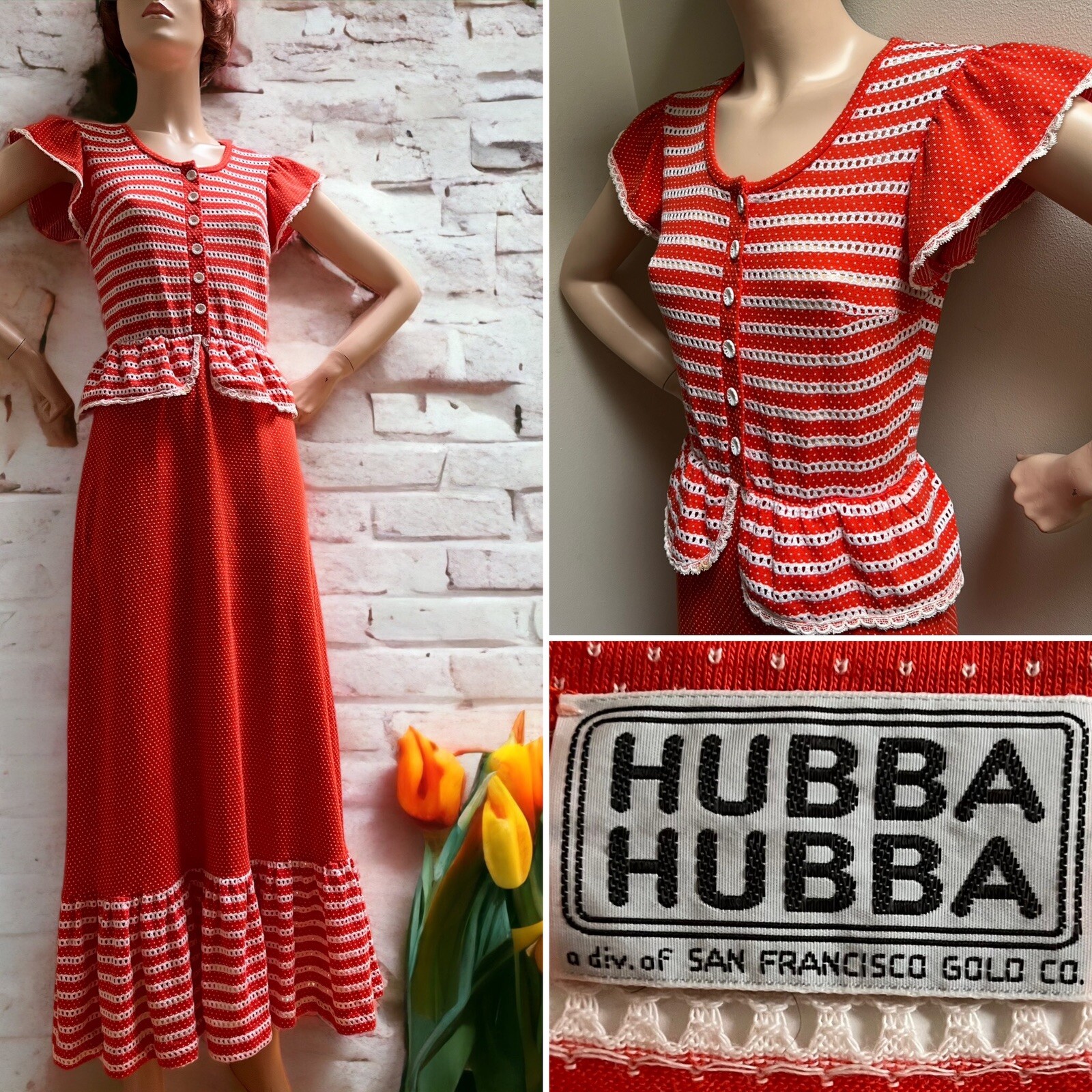 Vtg 1970s Dress HUBBA HUBBA Maxi Peplum White Red Poka Dot Size 3-5 Small