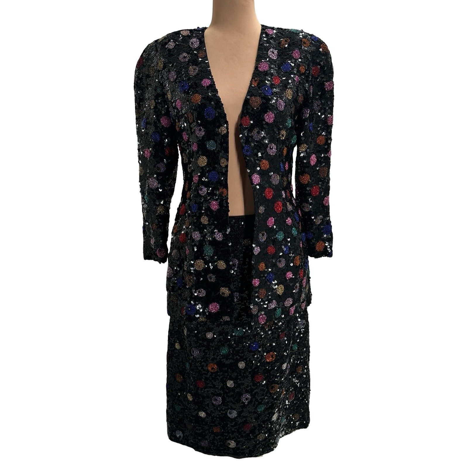 Vintage 1980s Black Tie He-Ro Heavily Sequin Beaded Jacket & Skirt Set Medium