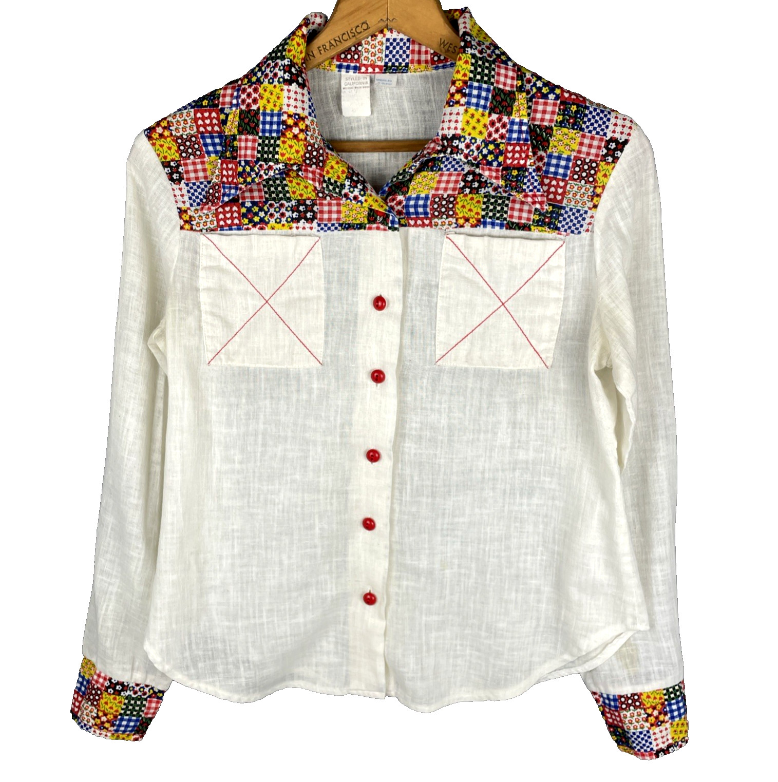 VTG 70s Patchwork Western Shirt Womens S Ivory Folk Boho Cowgirl Blouse