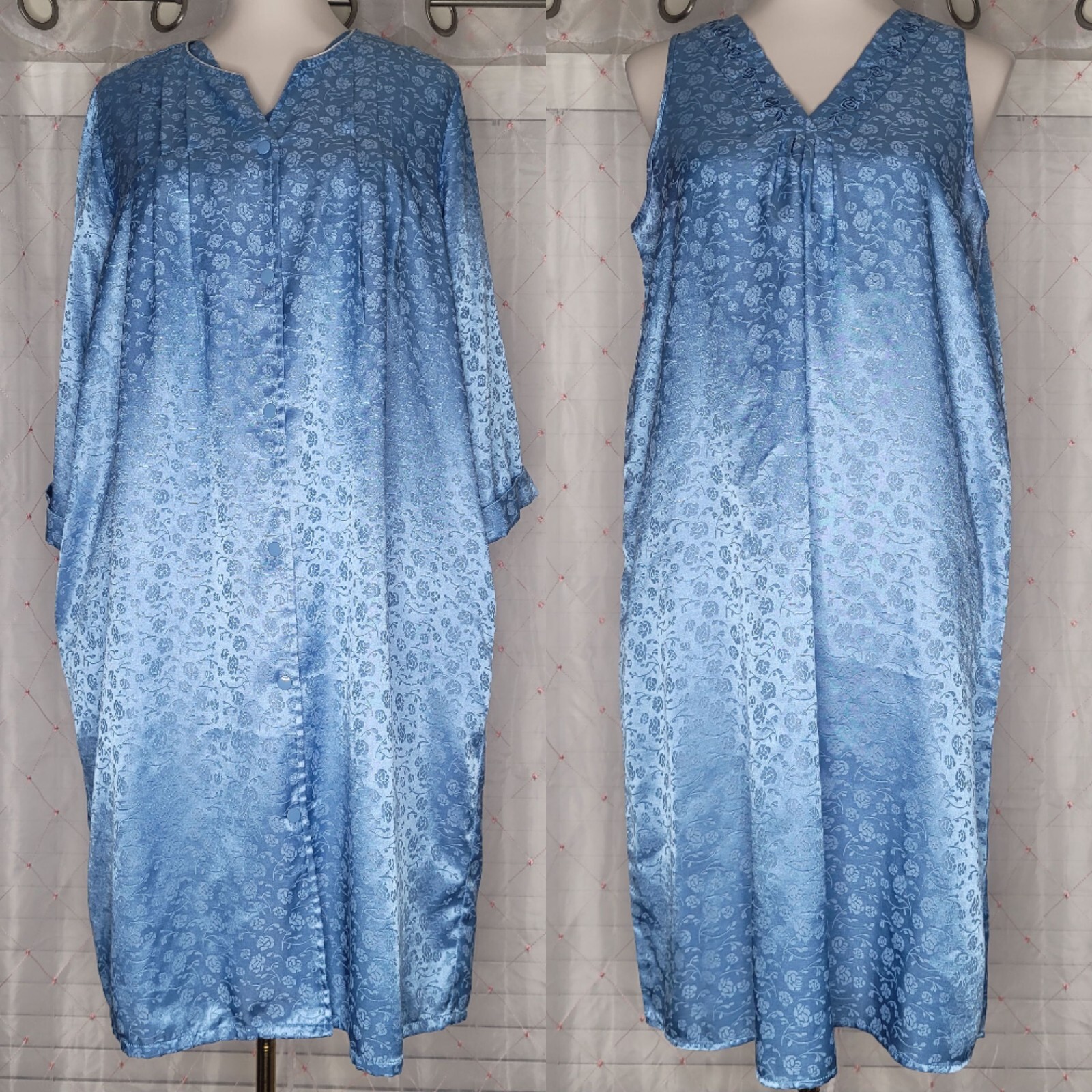 Vintage National Blue Floral Satin Burnout Peignoir Robe & Nightgown Set Medium