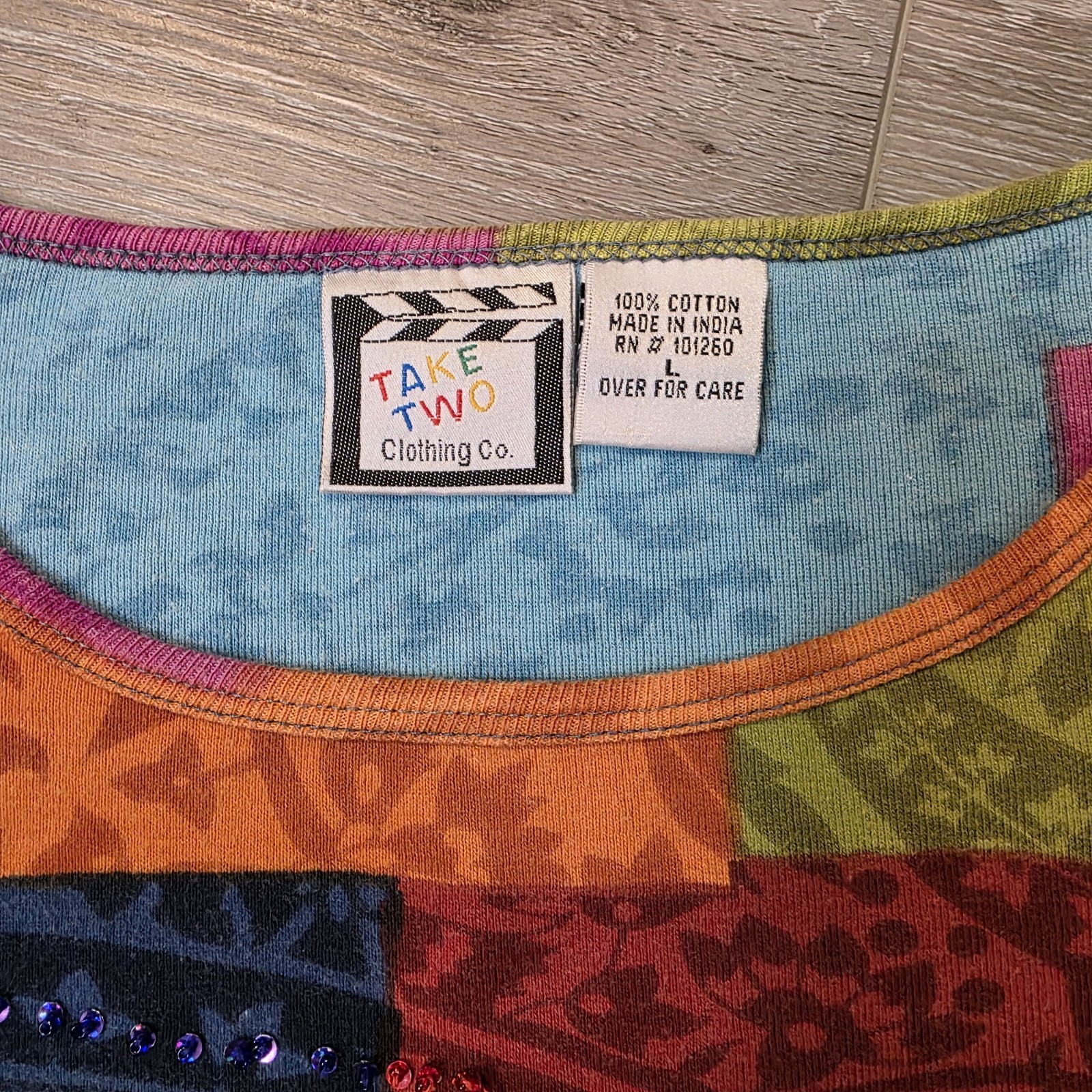 Vtg Womens Multicolor Patchwork Boho Hippie Core 3/4 Sleeve Cotton Top Sz Lg
