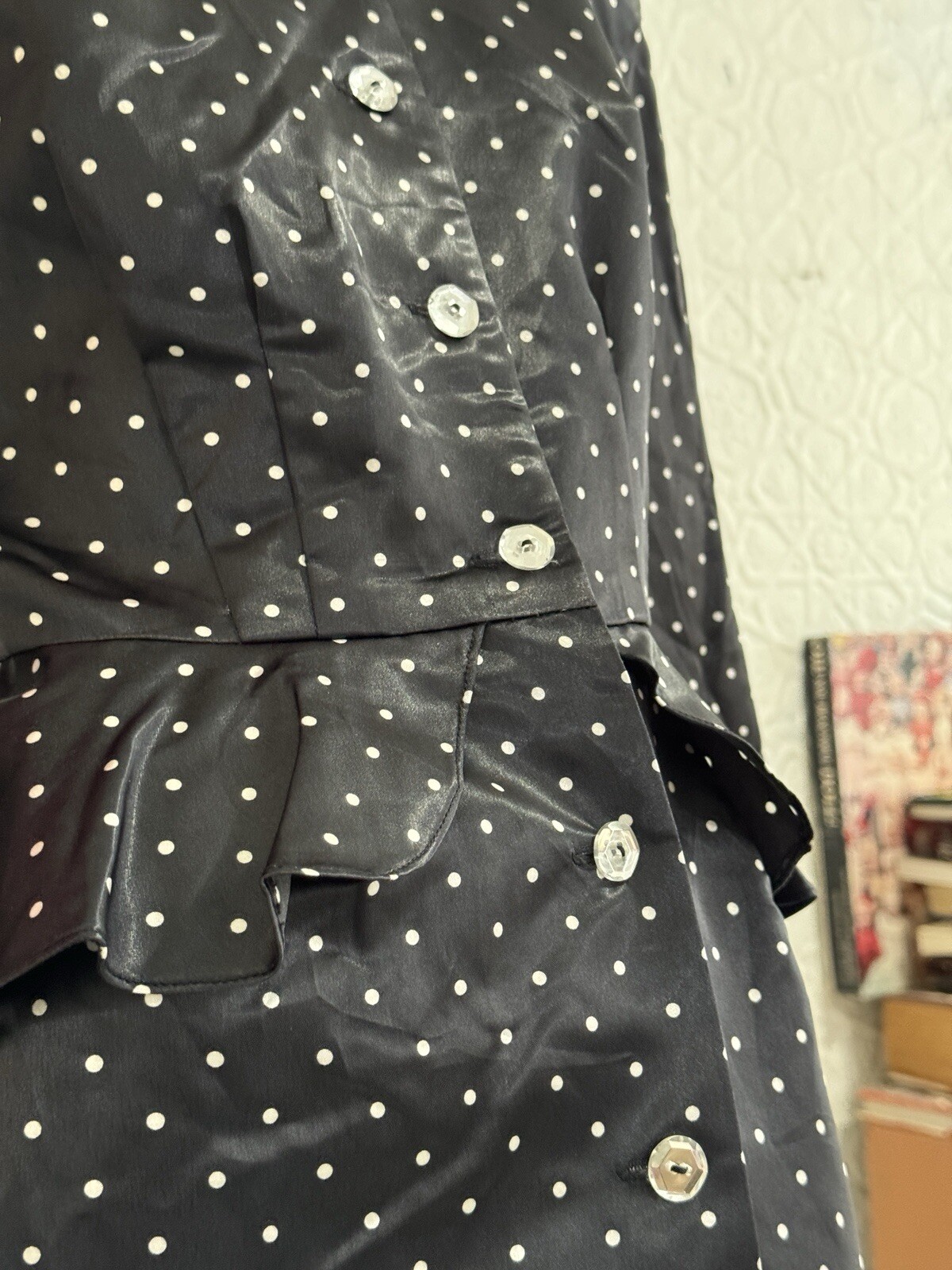 1980s Does 1940s Black satin Peplum Pencil Dress-Polka Dot-Chic-Vintage-Small