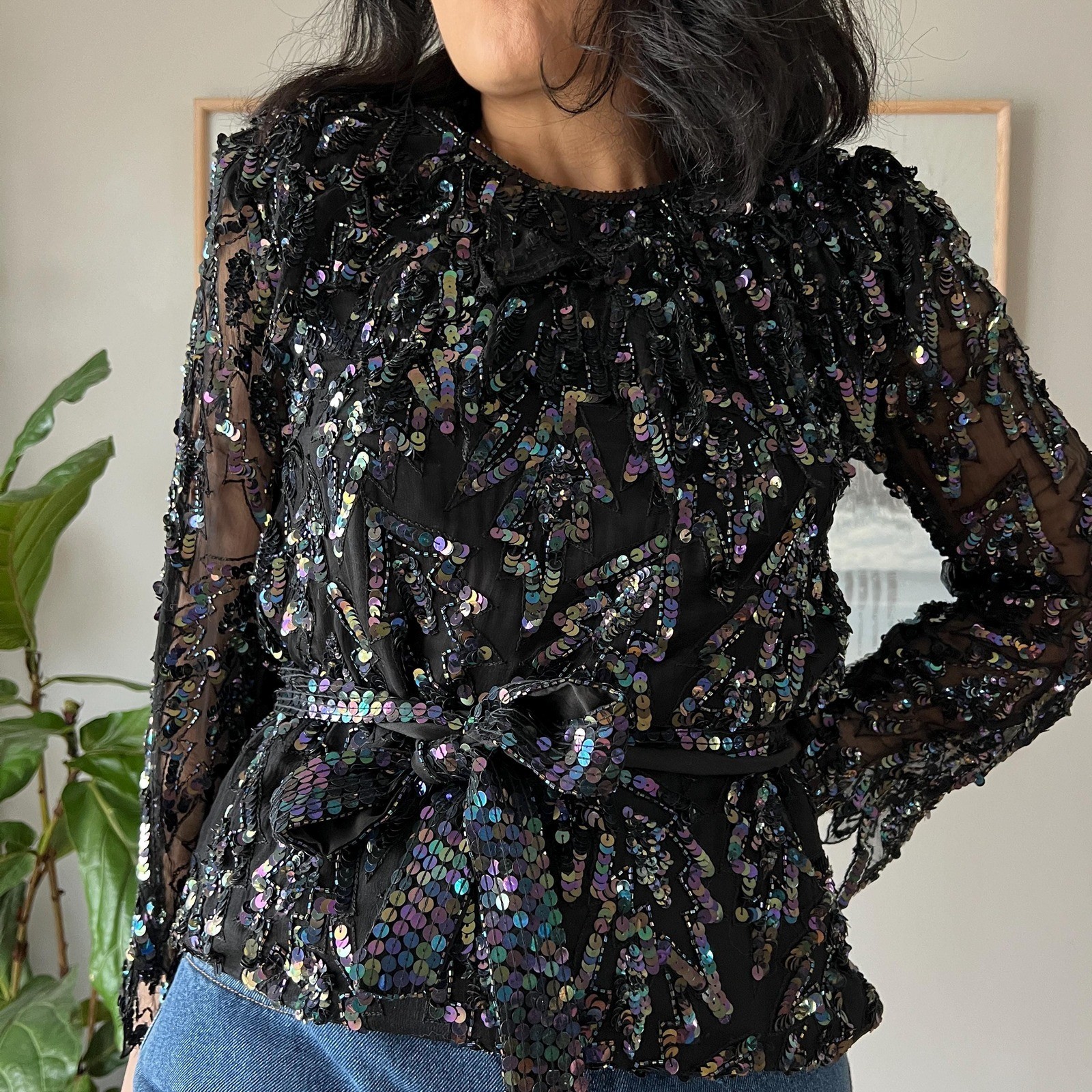 Vintage Silk Sequin Blouse Black Sheer Party Top 90s Y2K Glam Evening