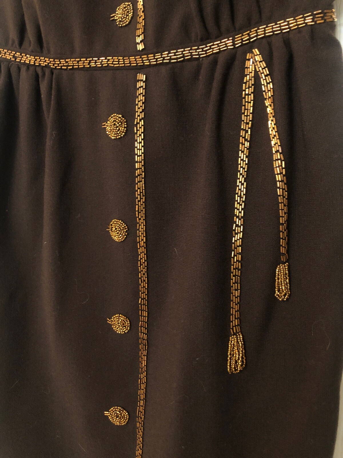 Charming 1940’s Vtg Brown & Copper Beaded Dress w/ Tassels