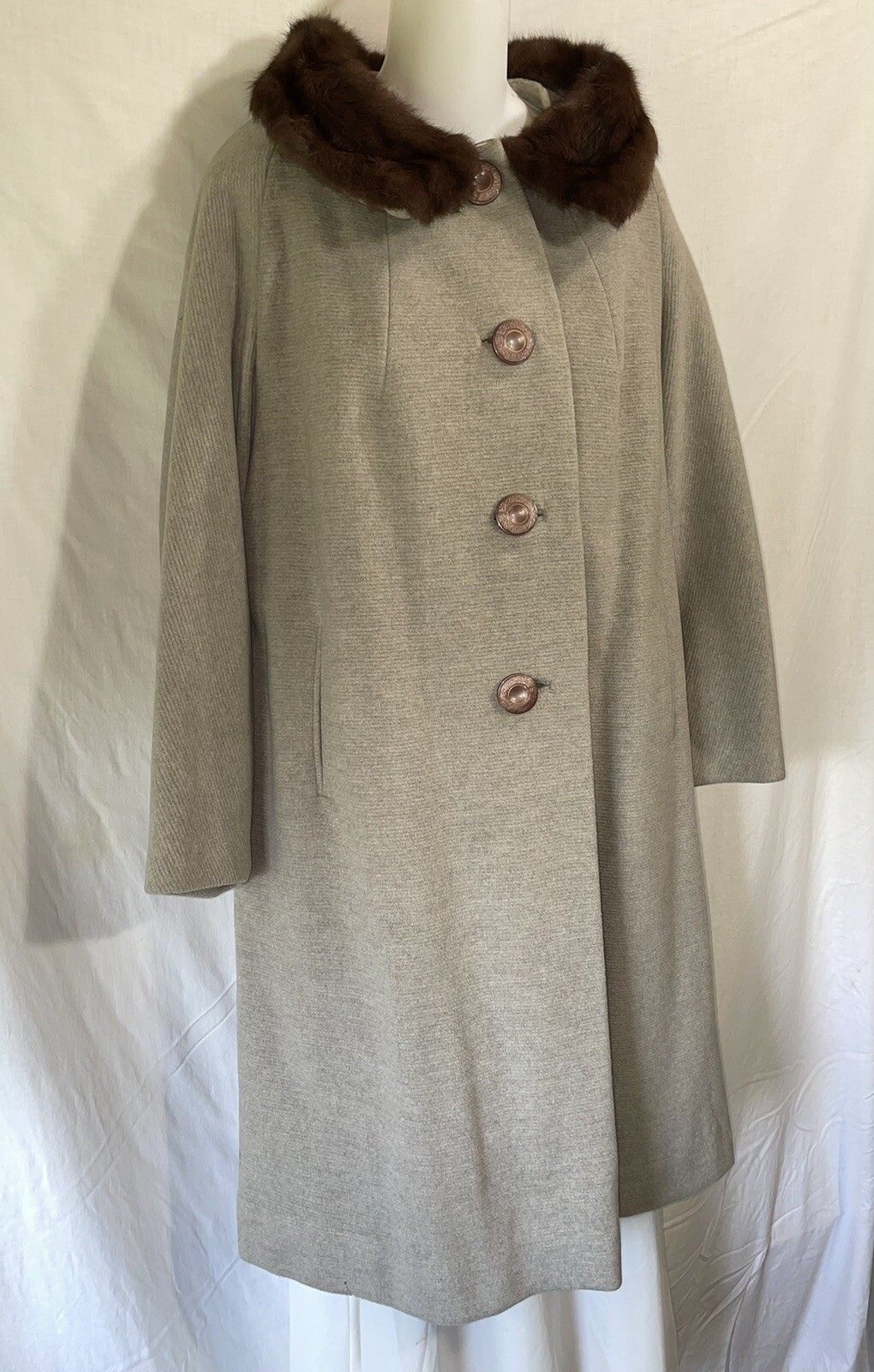 Vintage Coat Medium Large Long Gray Faux Fur Trim Overcoat Evening Jacket 50s