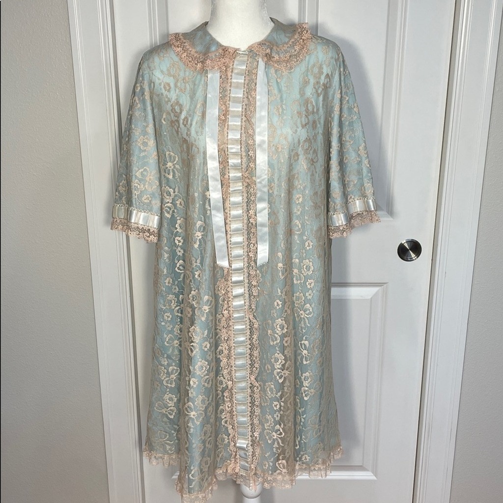 Odette Barsa Lace Lingerie Slip Dressing Gown Robe Medium Peignoir Blue Cream