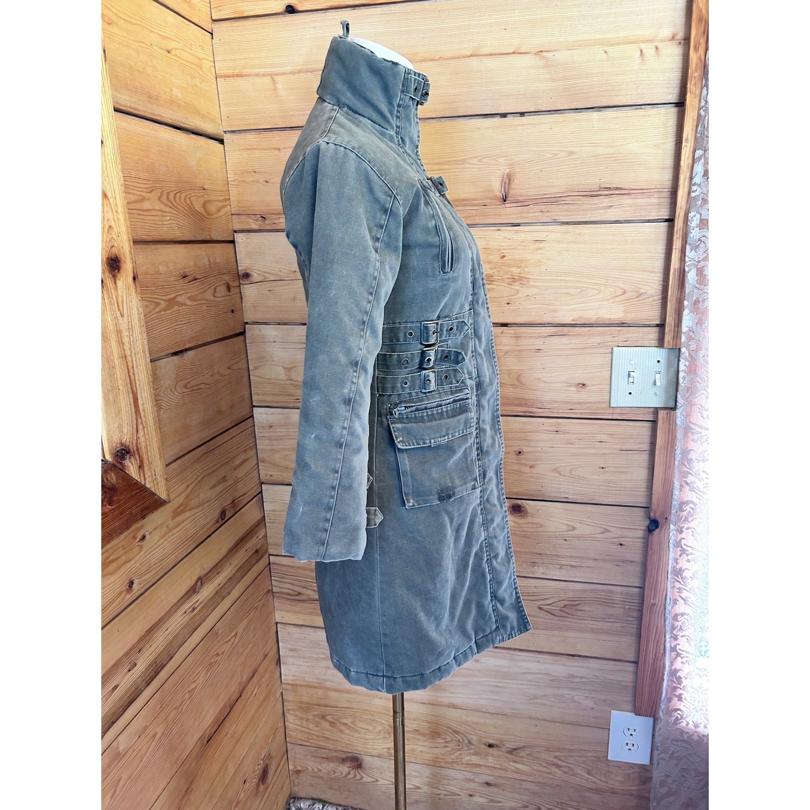 Vintage Tactical Trench Coat Womens Medium Green Buckle Utility Cargo Archive