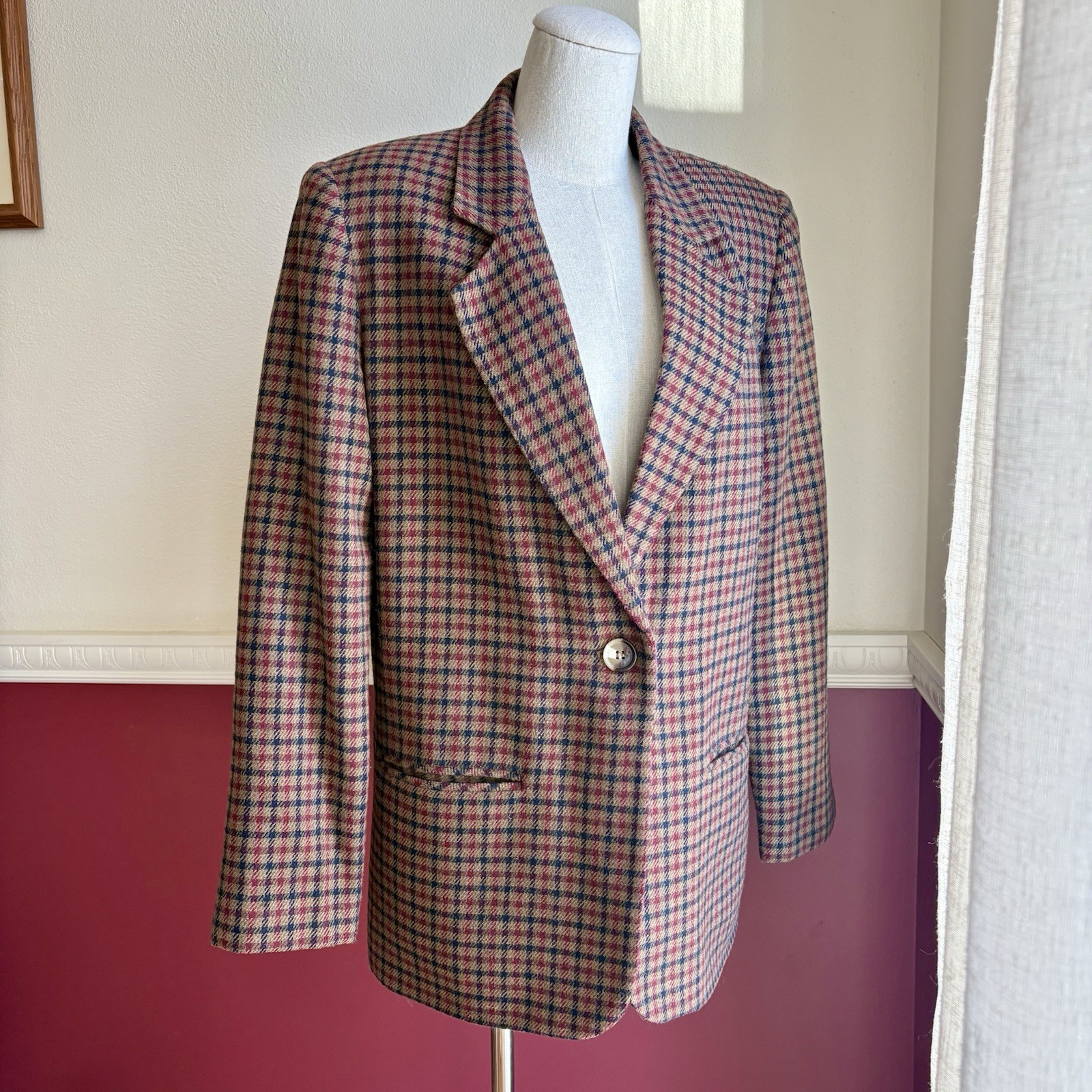 Vintage Sag Harbor Blazer Wool Blend Women’s 8 Tan Red Houndstooth Jacket 90s