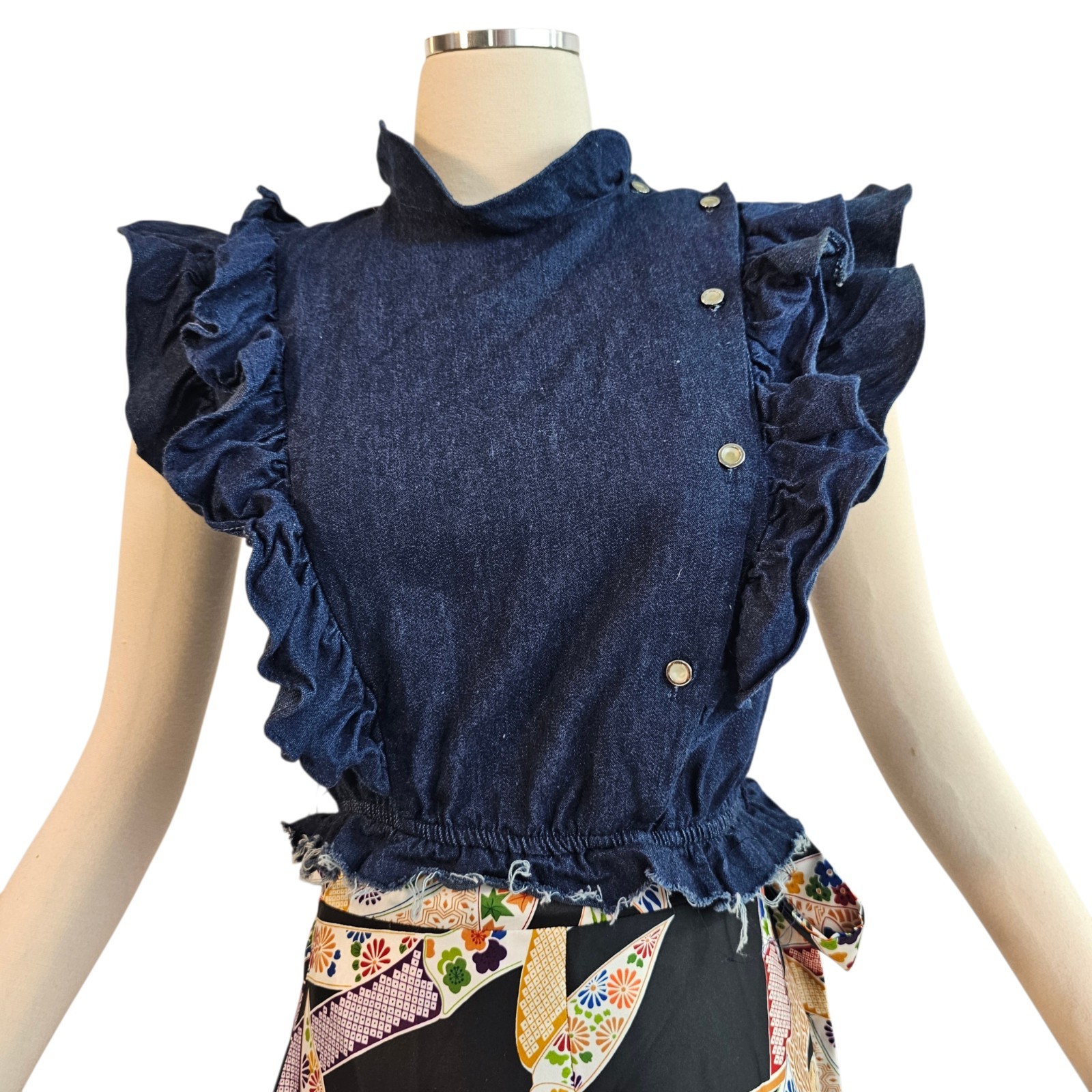 Vintage 1970s Blouse Top Shirt Denim Jean Deconstructed Ruffled Asymmetrical