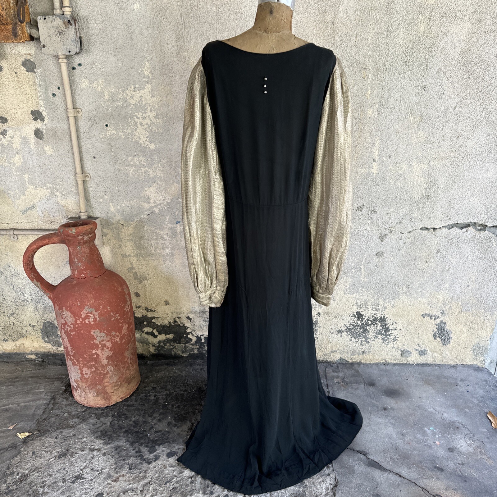 Vintage 1930s Black Silk Dress Silver Lamé Balloon Sleeves Metal Bead Accents
