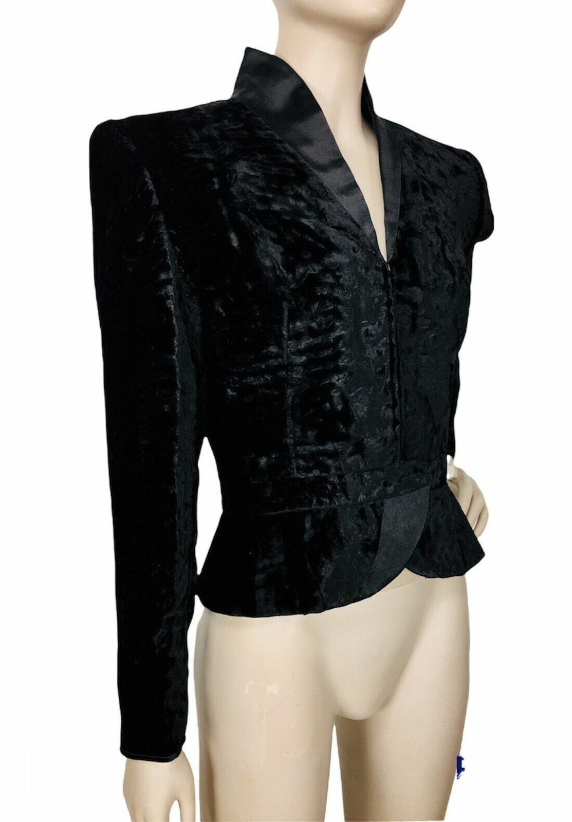 Vintage Black Crushed Velvet Animal Print Satin Trim High Shoulder Peplum Jacket