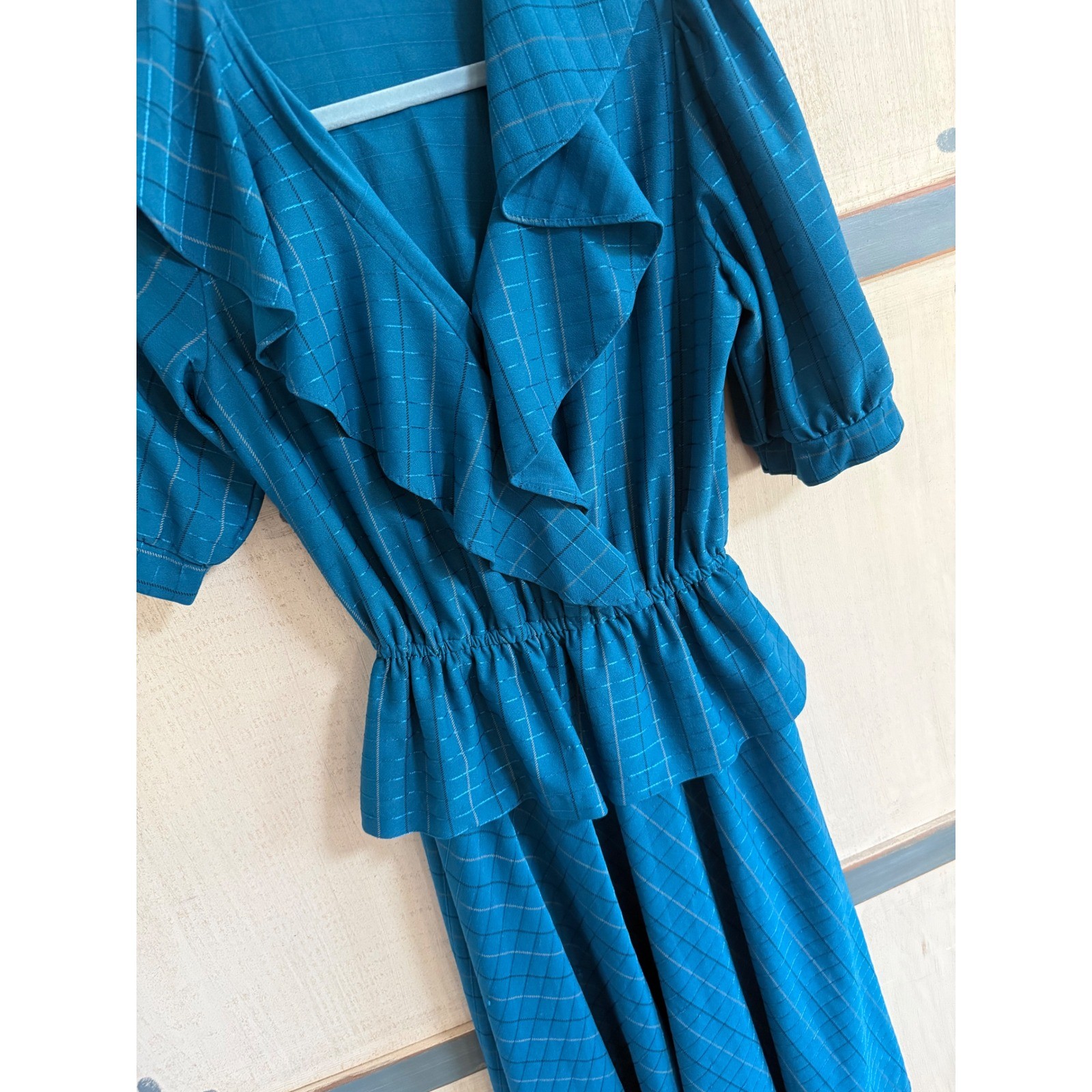 Vintage 80s Teal Blue Metallic Peplum Midi Dress Ruffle V-Neck 14 Cottagecore