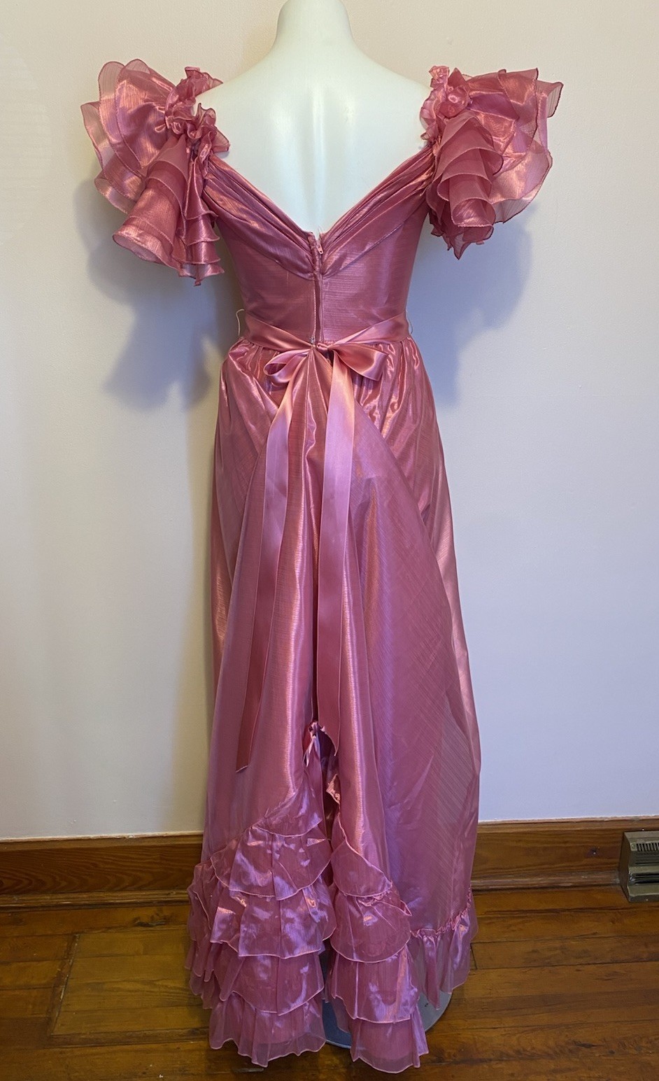 VTG Pink Poyester Taffeta Glinda Fairy Formal On/Off Shoulder Gown Train 5/6