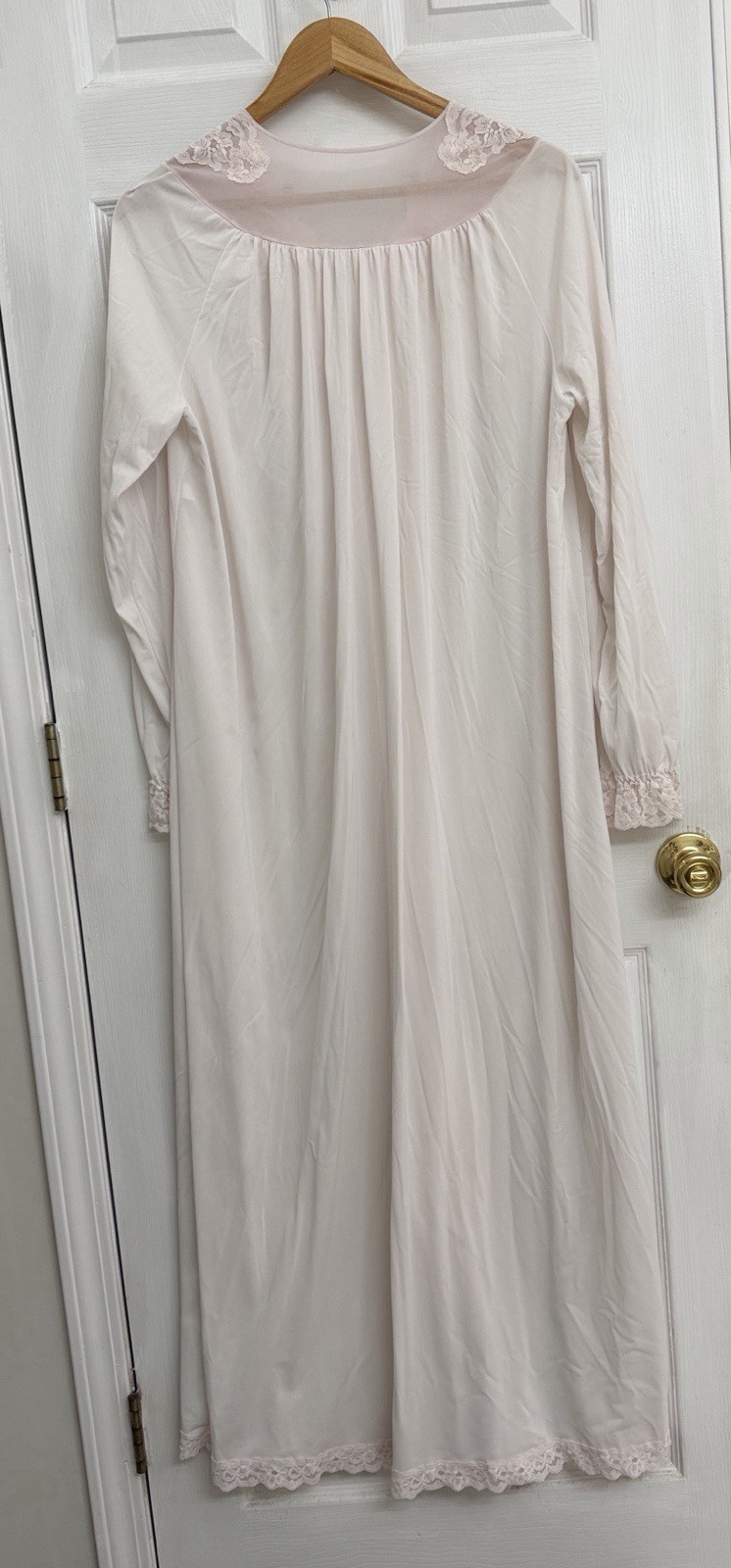Vintage Shadowline Nightgown Medium Blush Pink Lace Trim Full Length USA Made