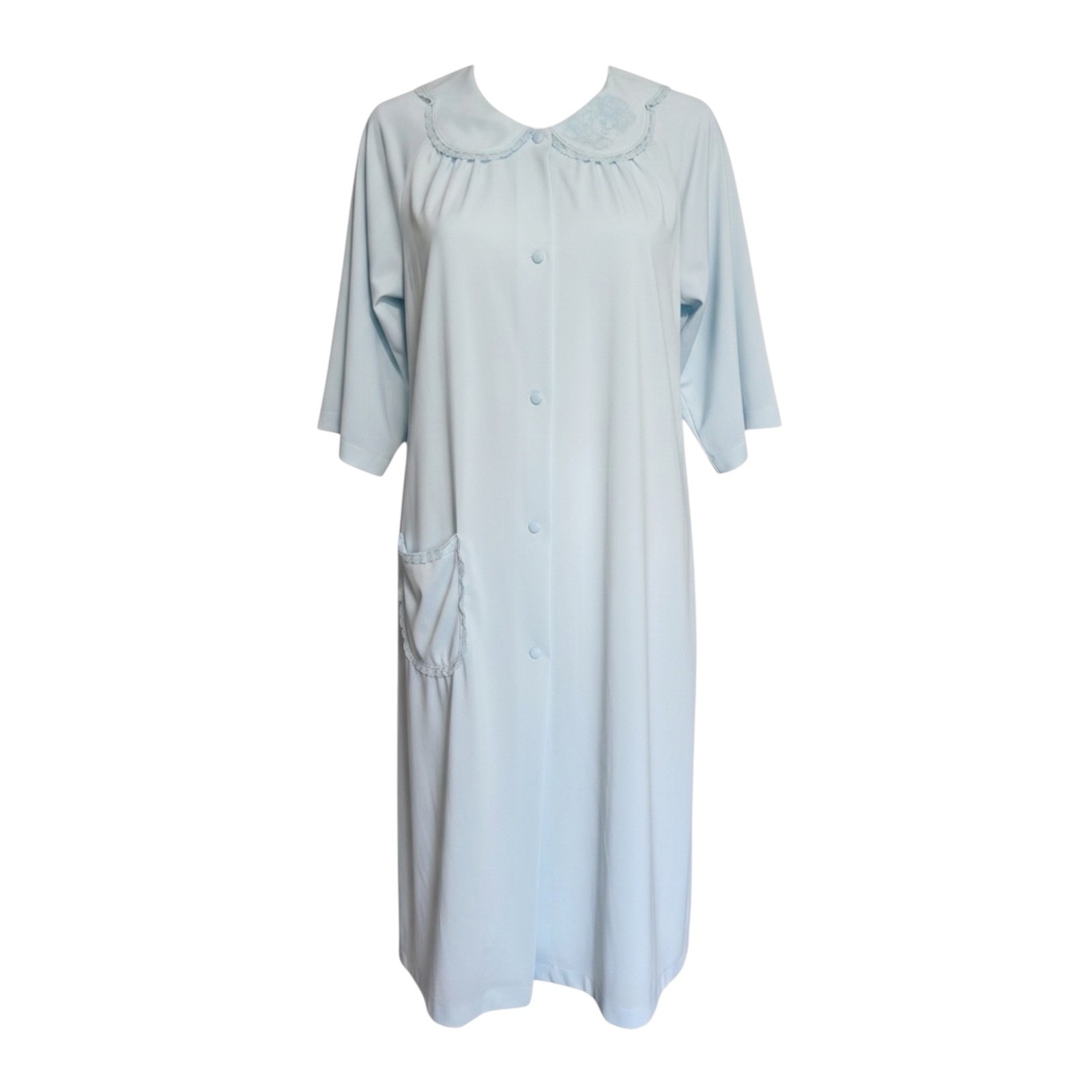 Shadowline Vintage Blue Robe and Nightgown Set Lace Peter Pan Collar Medium