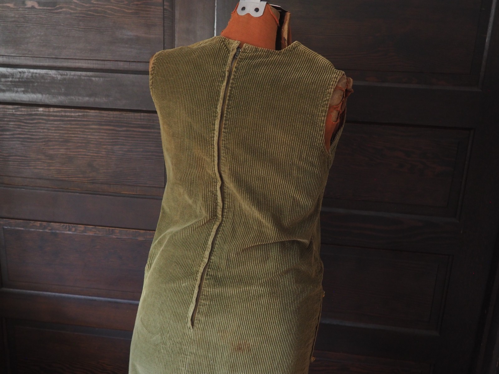 VTG 60s 70s Handmade Boho Hippy Olive Green Corduroy Pocket Farm Dress Women S/M