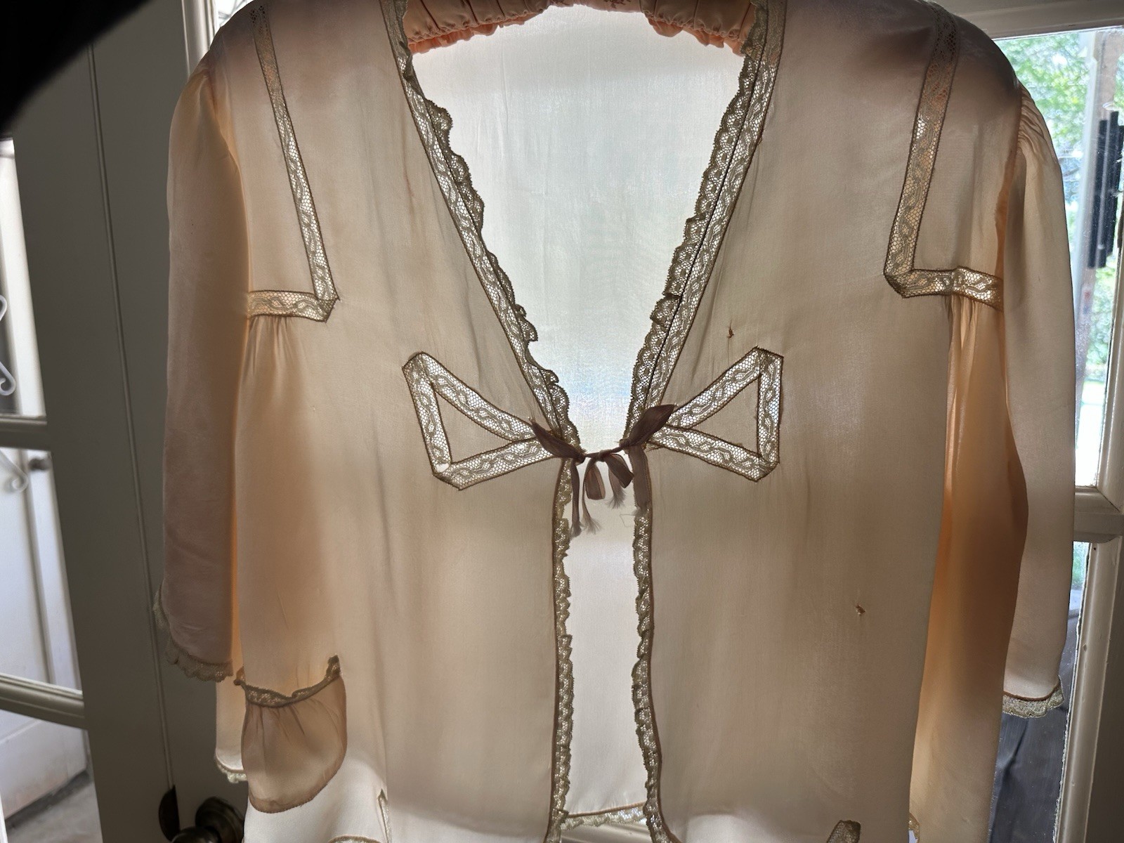 1930s Rayon Satin Bed Jacket Champagne Peach Lace Bow Tie Front Boudoir Top VTG