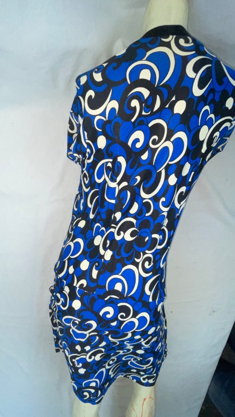 VTG 60s 70s WOMENS S BERKSHIRE BLUE GEOMETRIC DISCO RETRO BUTTON PARTY DRESS
