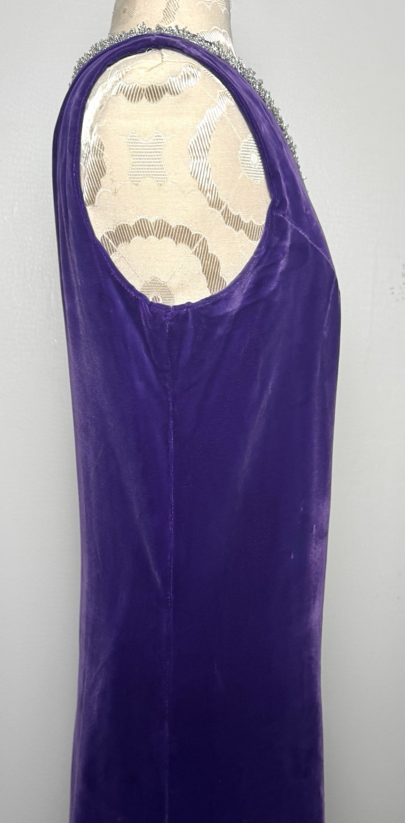 Vintage Purple Velvet Hostess Gown Silver Trim Maxi Caftan Stage Dress