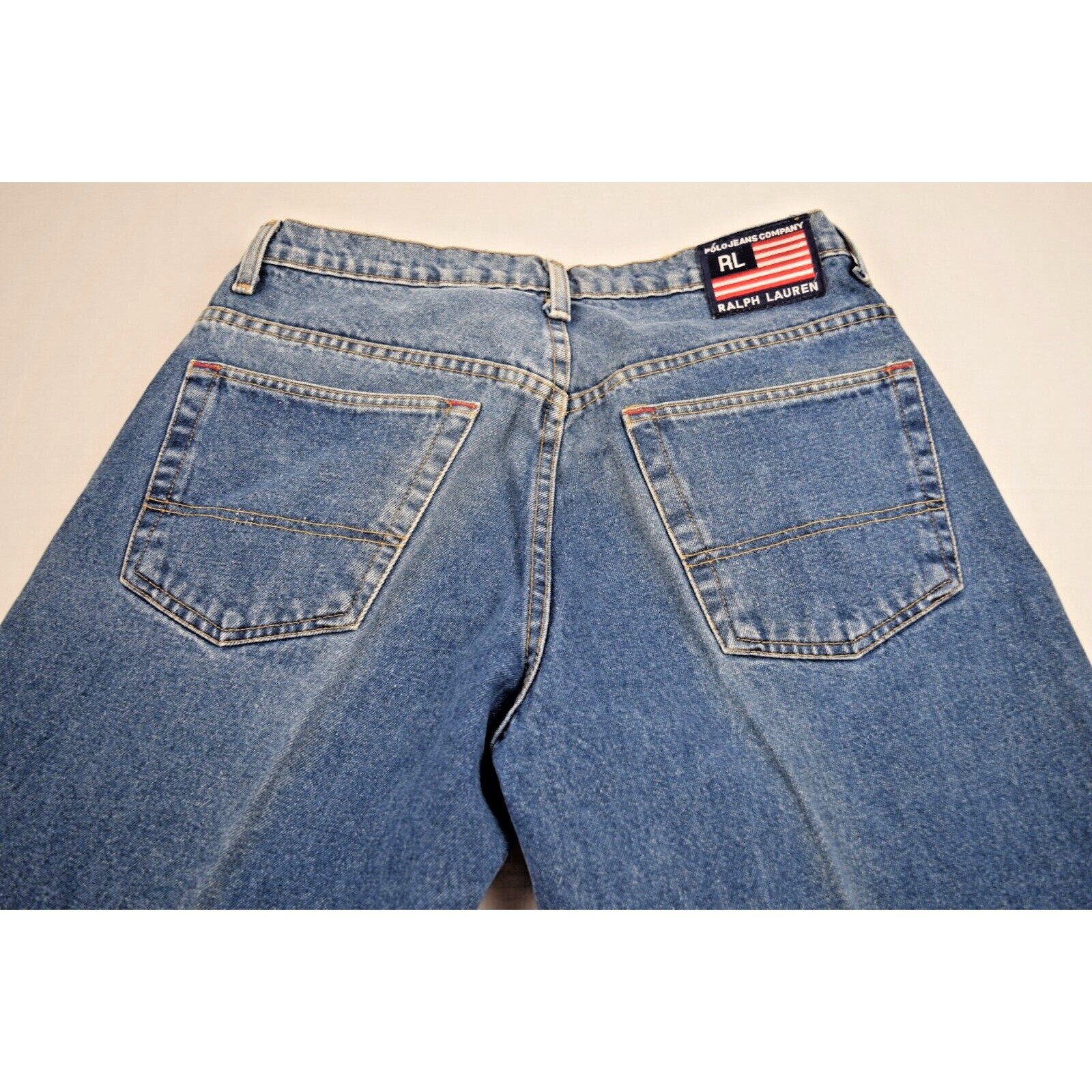 VTG Polo Jeans 33 x 3290s Ralph Lauren Blue Banner Jean Relax Fit Strait Leg