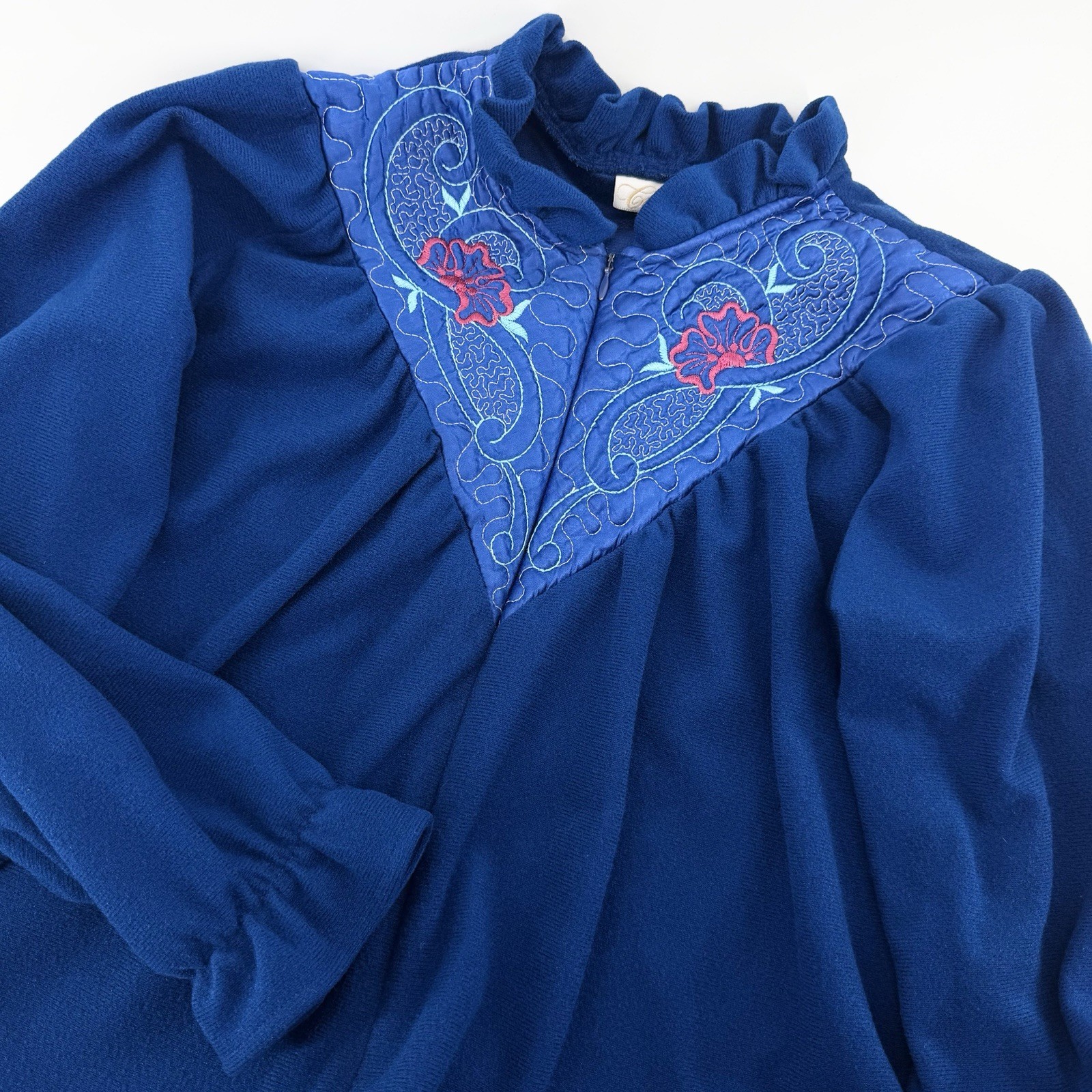 Vintage Cachet Robe Royal Blue Fleece Zipper House Coat Embroidered Size M L