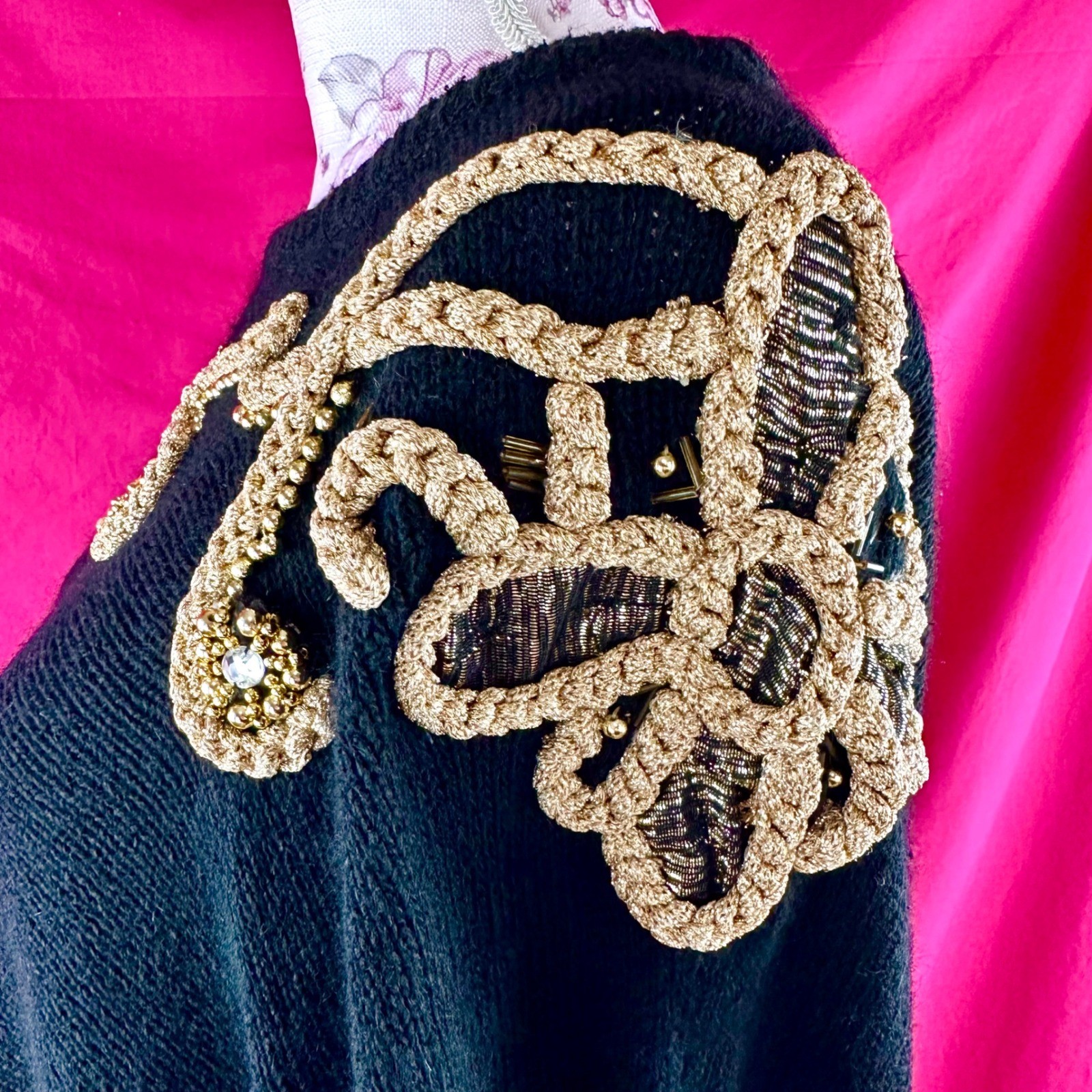 Vintage 80s Beaded Rhinestone Sweater Black Gold Angora Silk Wool NYE Plus 26/28
