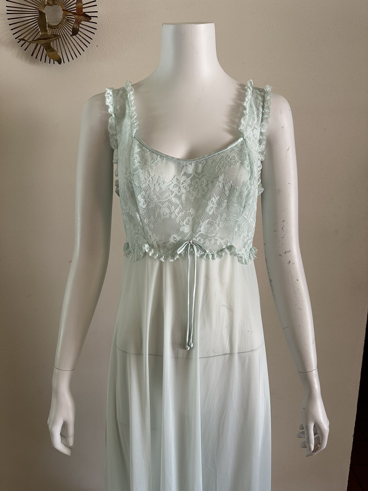 1960s Vanity Fair Mint Green Nylon Tricot Lace Nightgown Slip Dress Negligee VTG