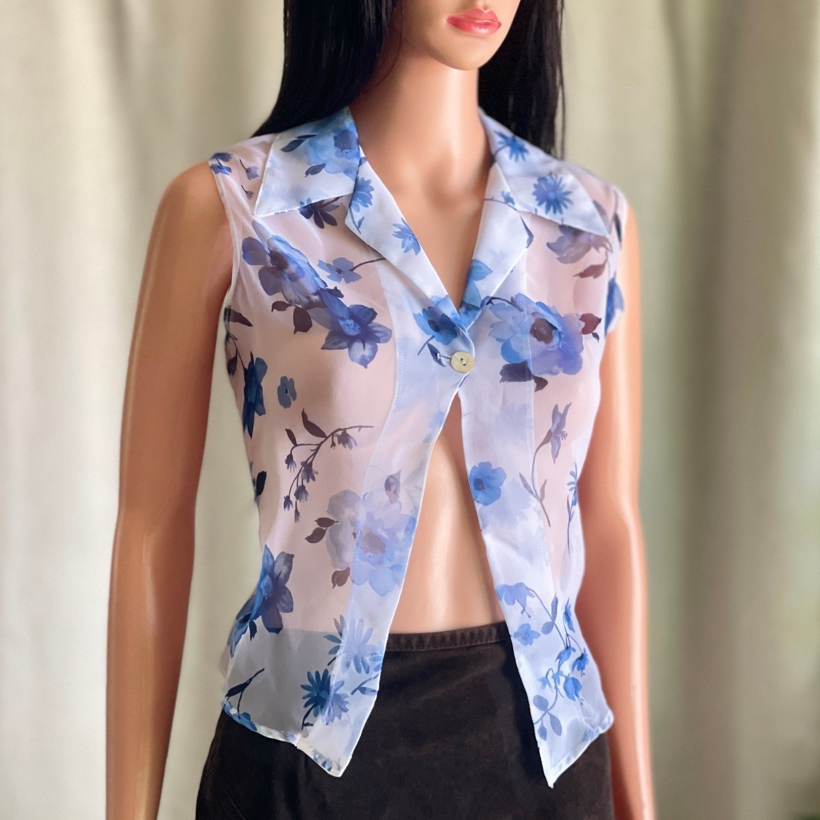 Vtg 90s Blue Floral Sheer Chiffon Sleeveless Blouse Top Soft Girl Coquette L