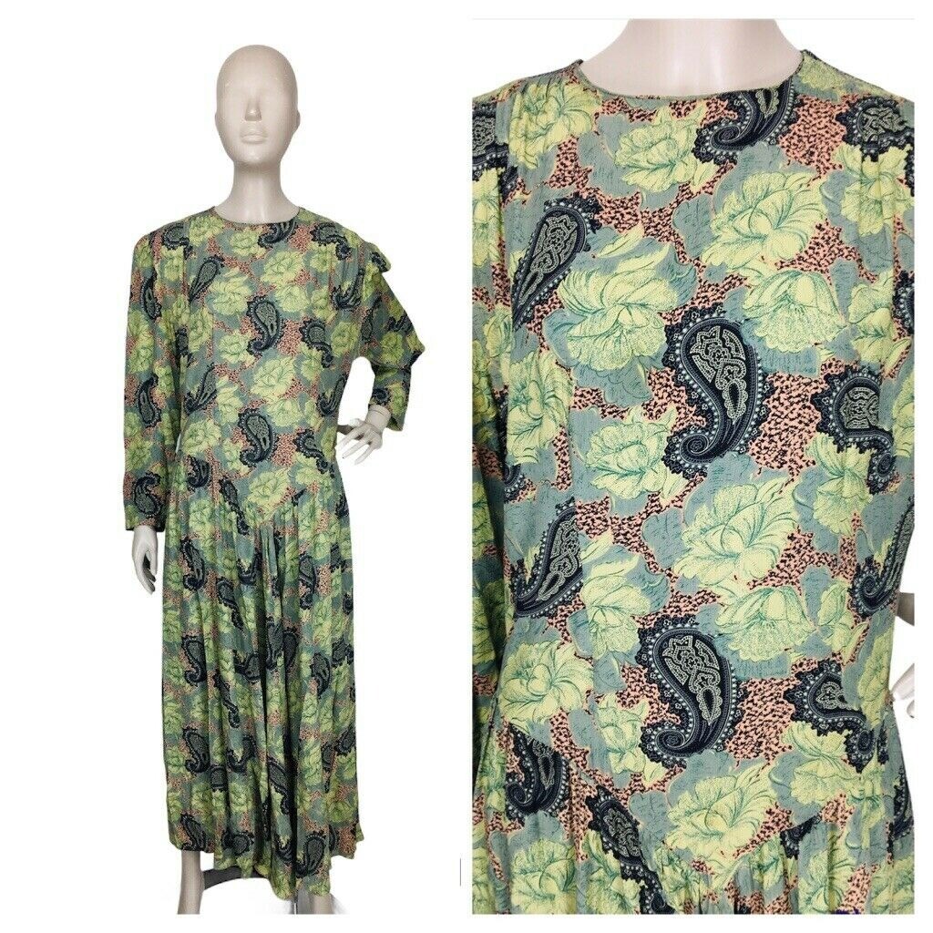 Ed Michaels Green Crepe Crinkle Paisley Puffed Sleeve Vintage 70s Pleated Dress