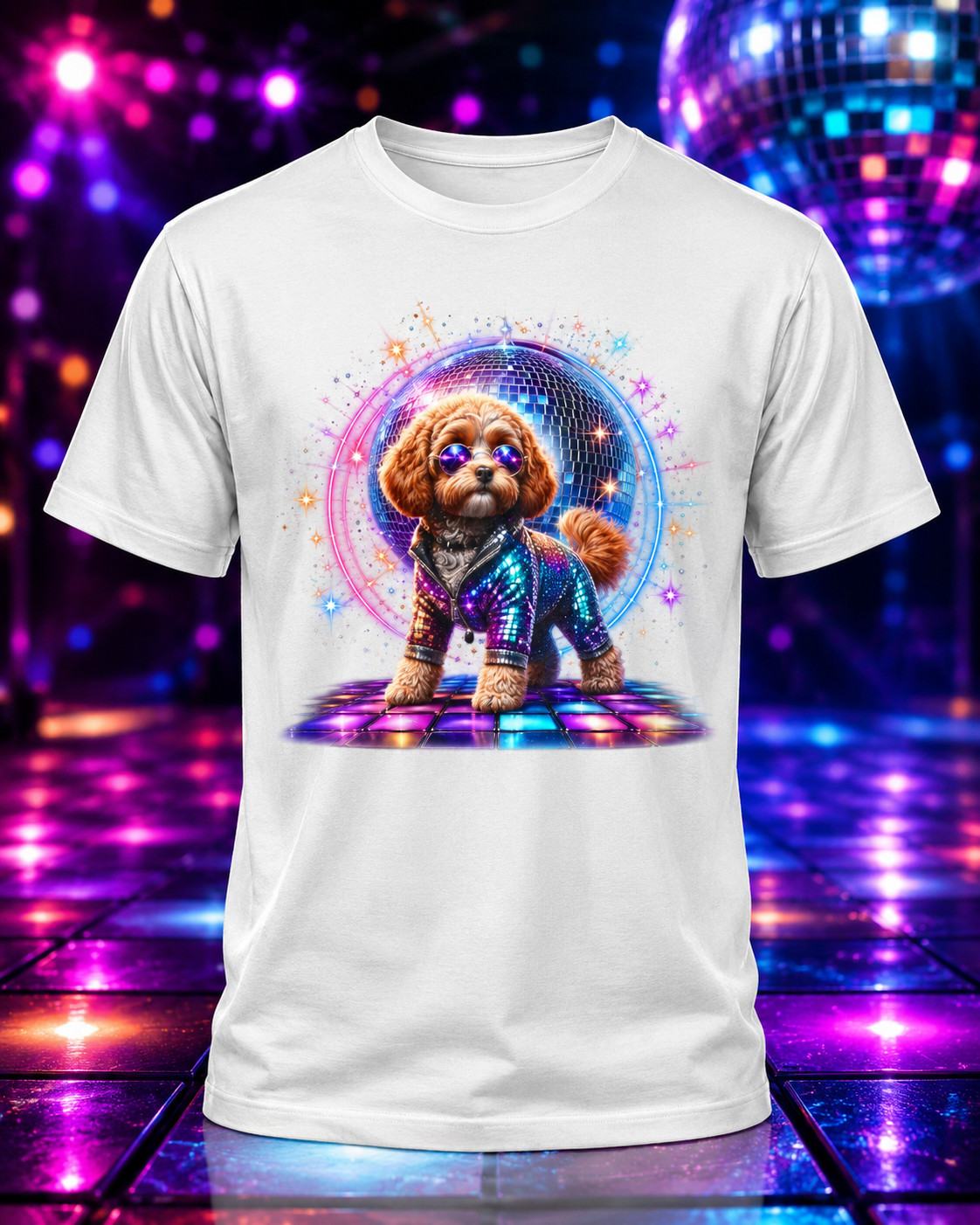 Women&rsquo;s Dancing Cavapoo Disco Ball V-Neck T-Shirt Funny 1970s