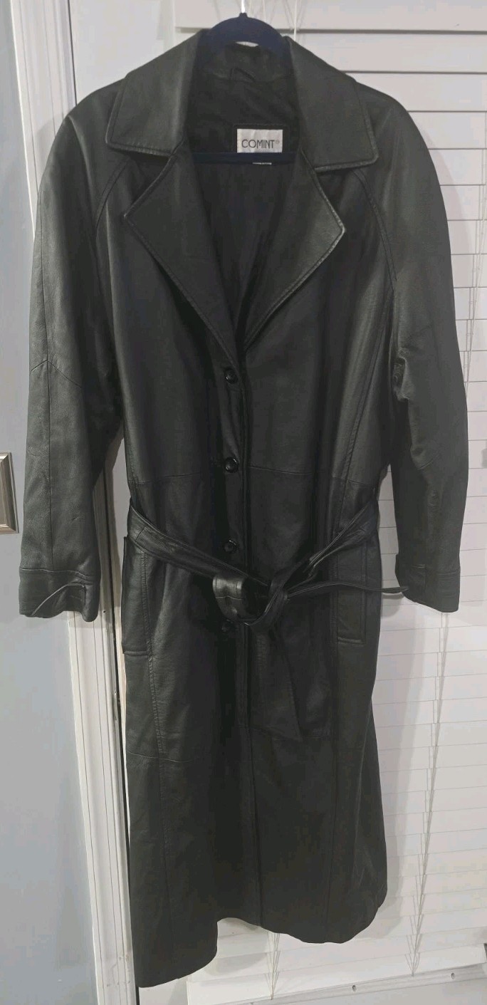 COMINT Vintage Leather Trench Coat with Belt Womens Size XL