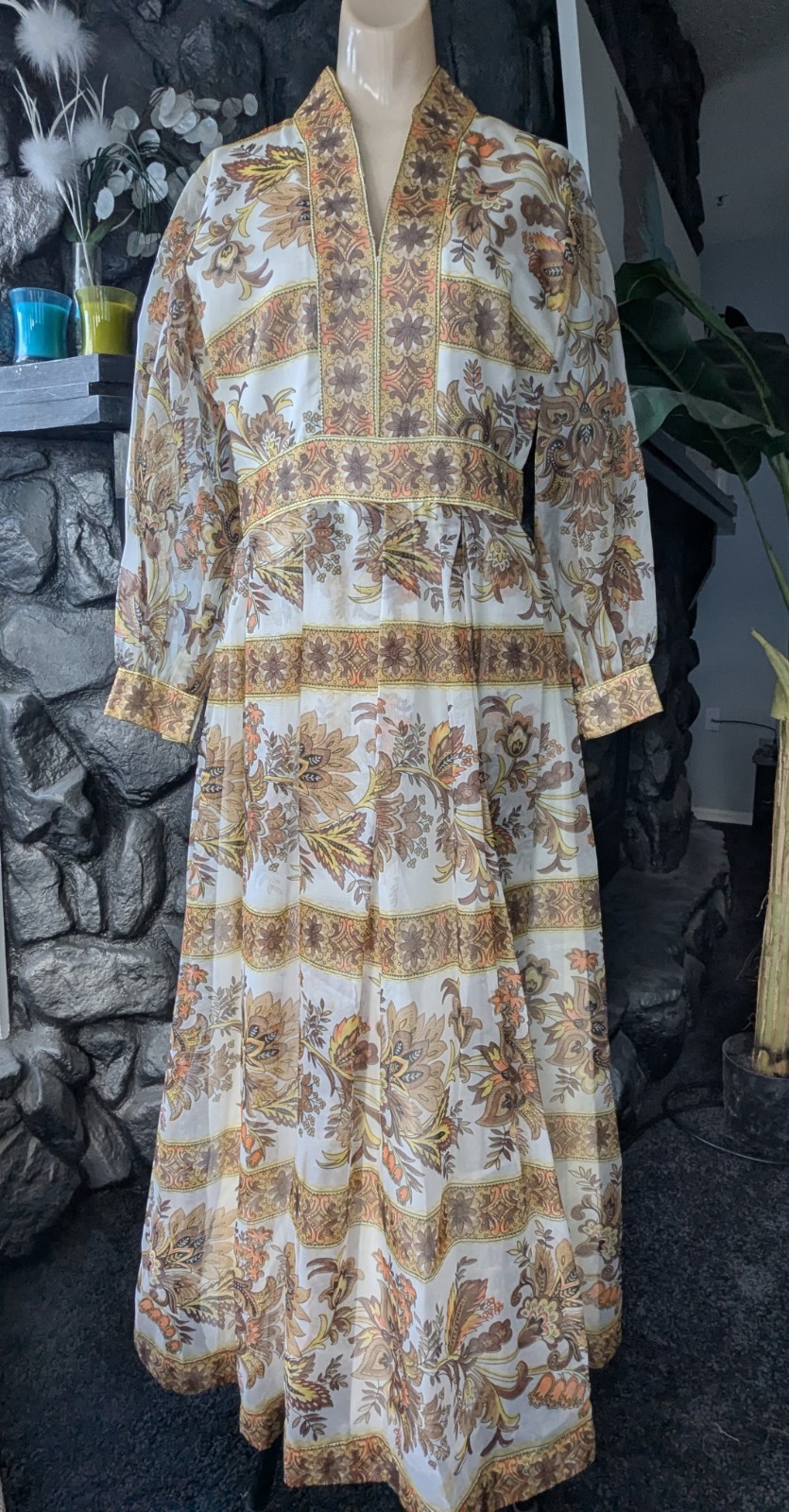 Avalon Classics VTG 1970&rsquo;s Hostess Dress Maxi Empire Waist Sheer Floral Sz 12/14