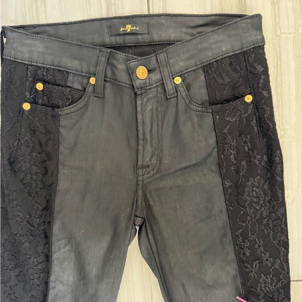 7 For All Mankind Coated Lace Panel Skinny Jeans Size 27 Waist Retro, Vintage