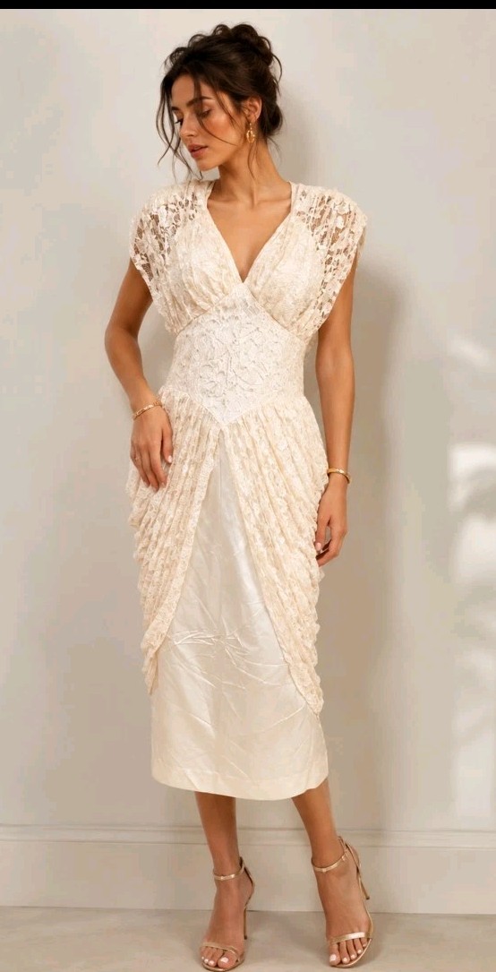 A La Carte California Women&rsquo;s FITS MODERN SMALL Vintage Dress Ivory Beaded #AA