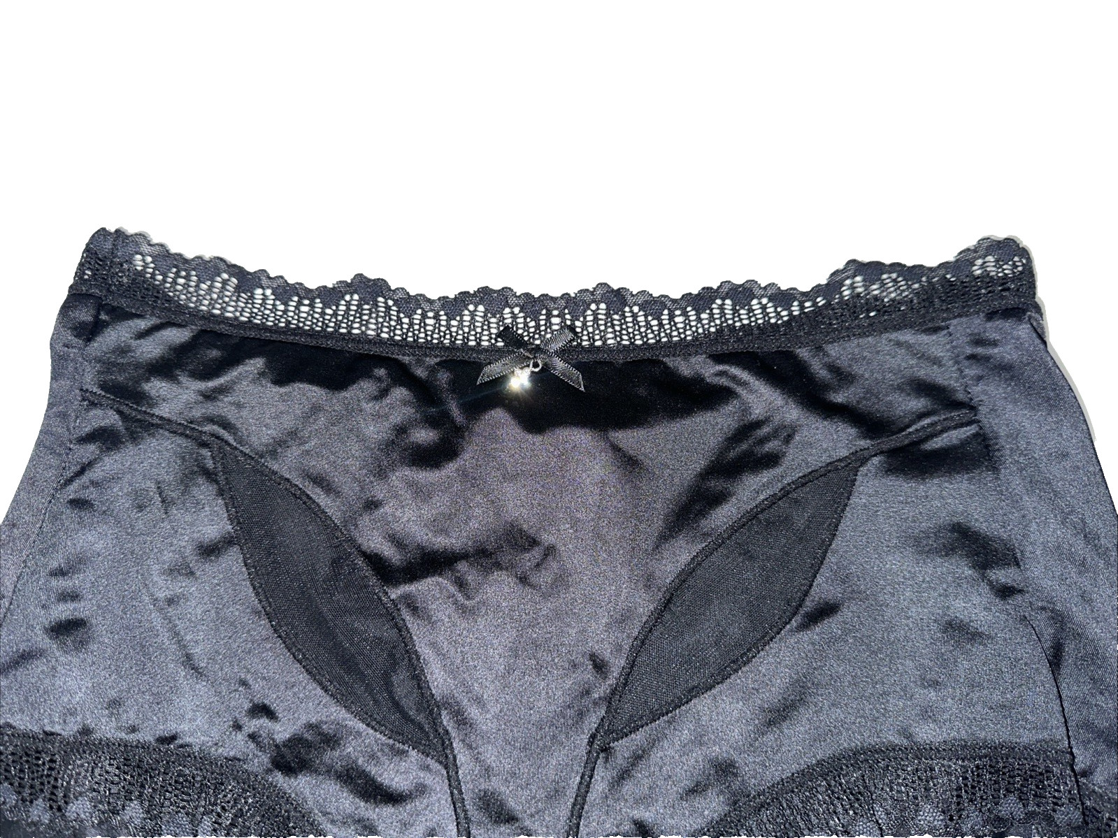~Shiny Large Black With Gem Nylon Lace Blended Panties W/Bow Cotton Gusset New