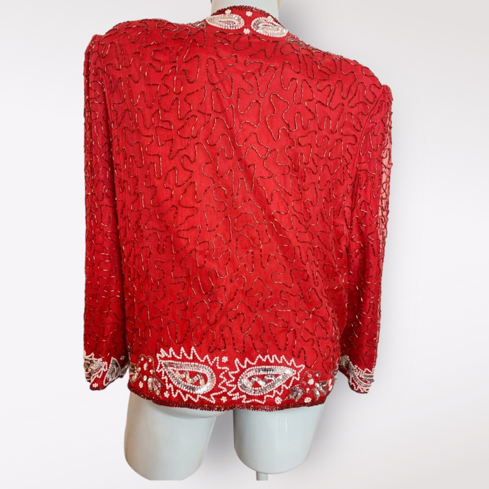 Vintage 90s Sequin SILK Beaded Paisley￼ Red Size Large L Womens Party Cocktail