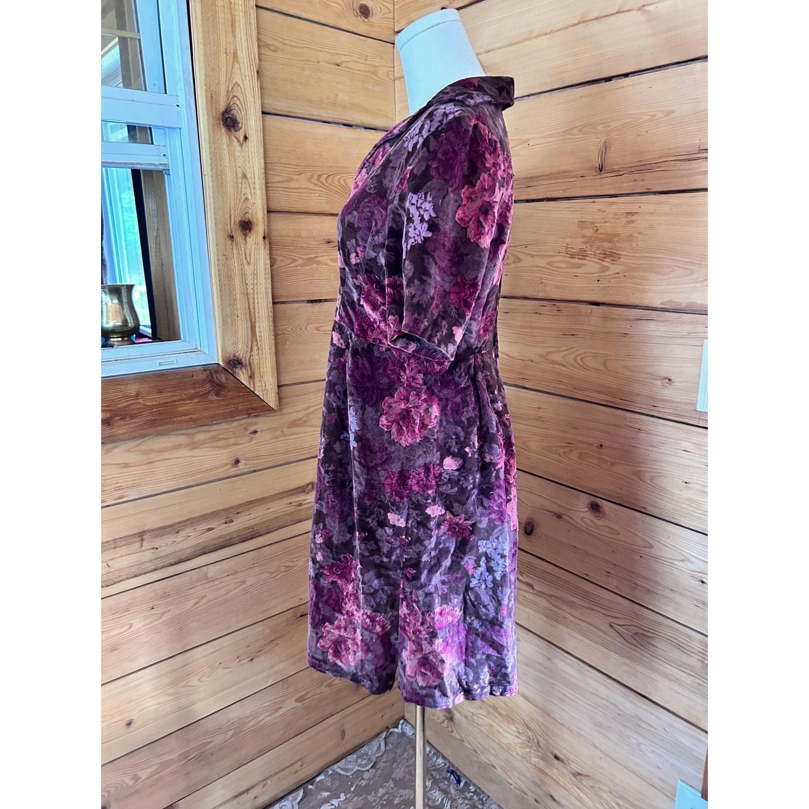 Vintage Thick Velour Floral Midi Dress Womens Large Plum Purple Handmade 70&rsquo;s