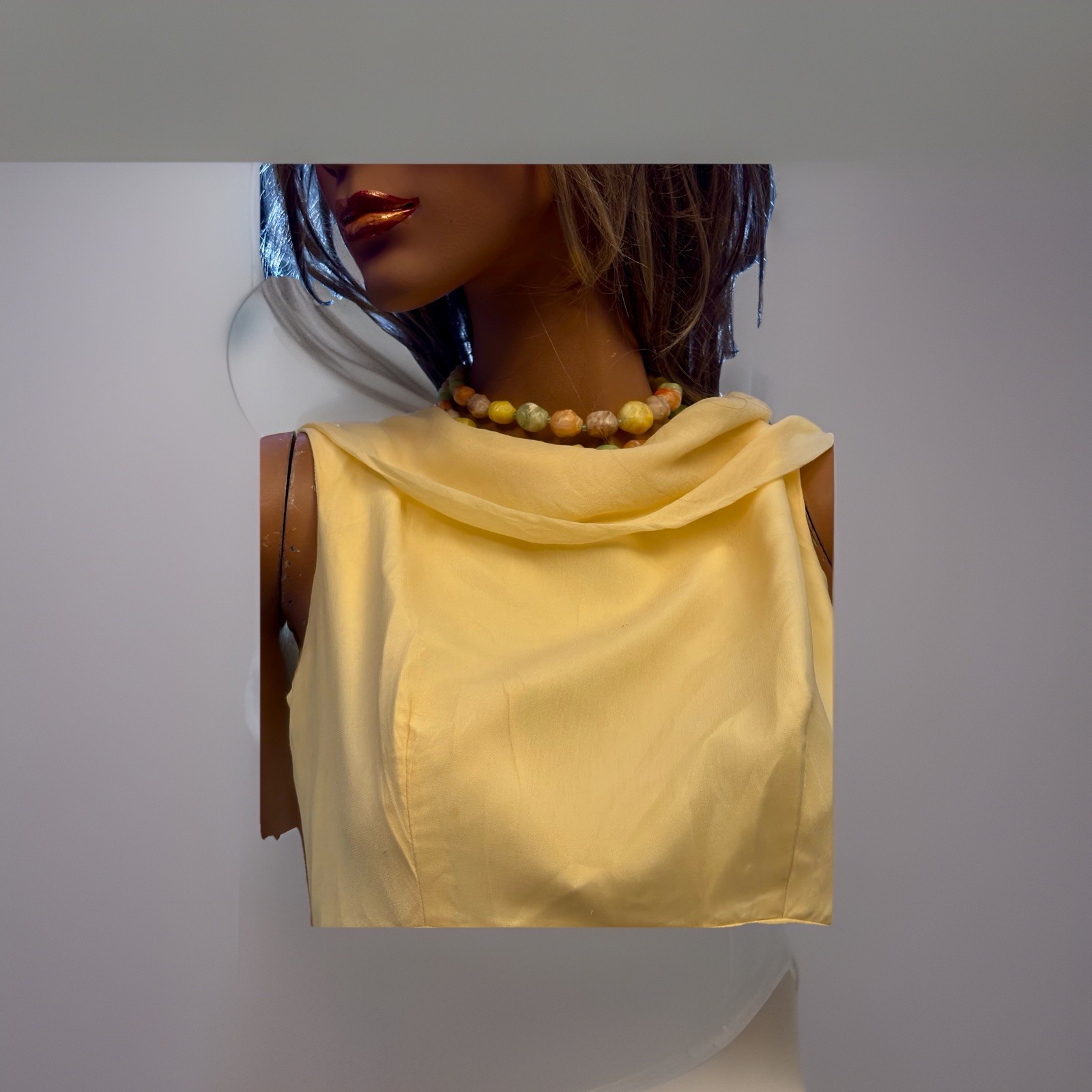 MCM Yellow Chiffon Mod Party Cocktail Dress Fitted Empire Waist/Full Skirt/Bow S