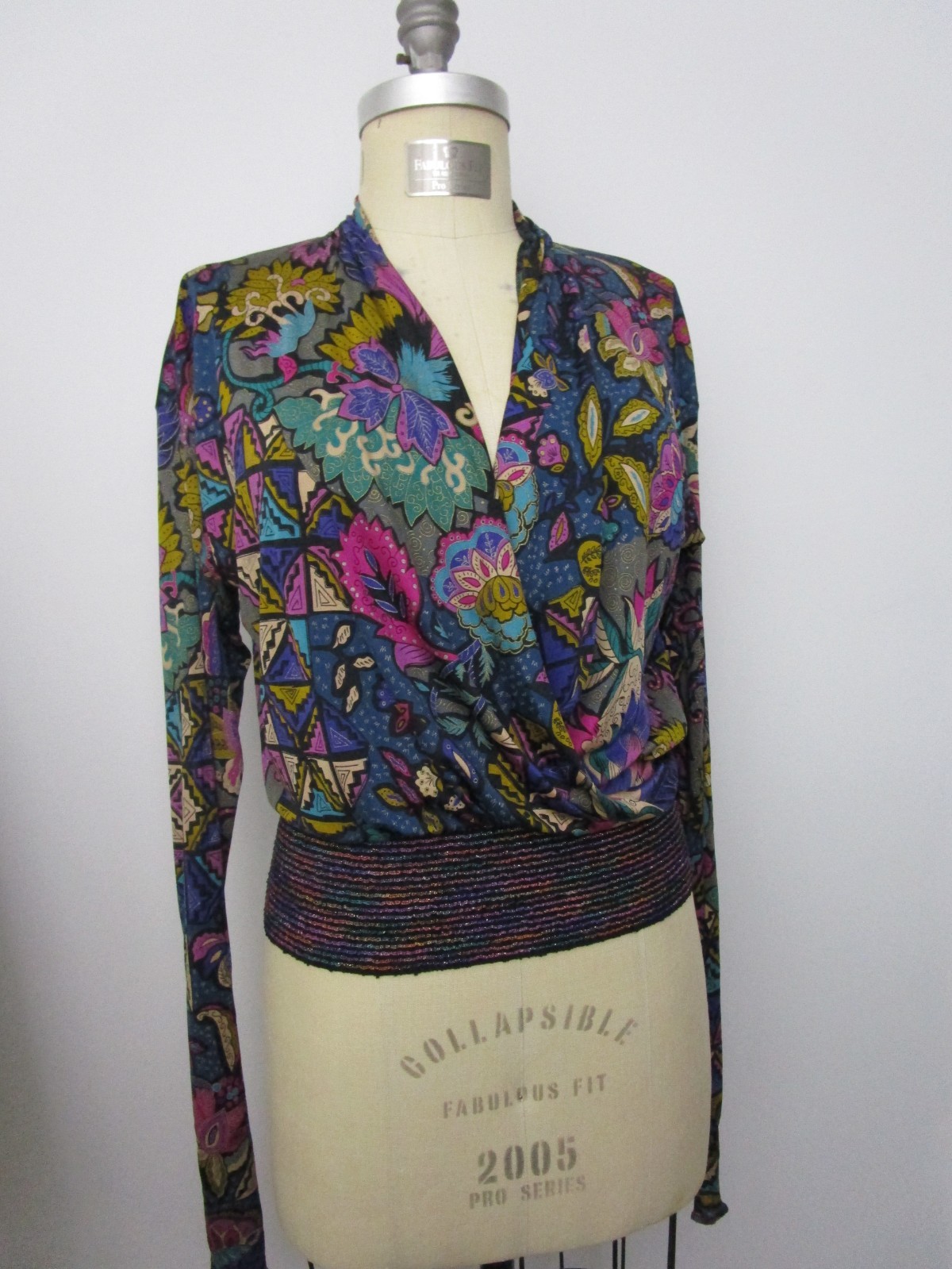 Missoni Italy Silk Print Blouse Knitted Waist Vintage 1980s I Magnin