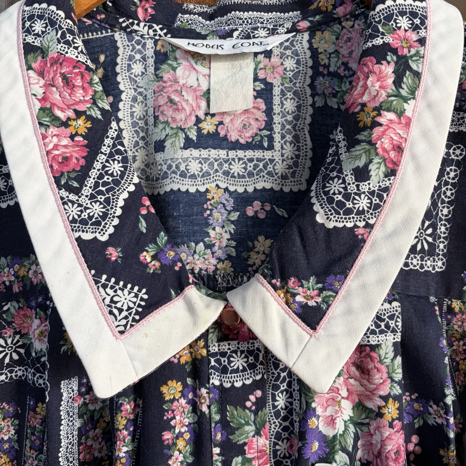 VTG Models Coat House Dress Patchwork Floral Blue Pink Snap Buttons Pockets