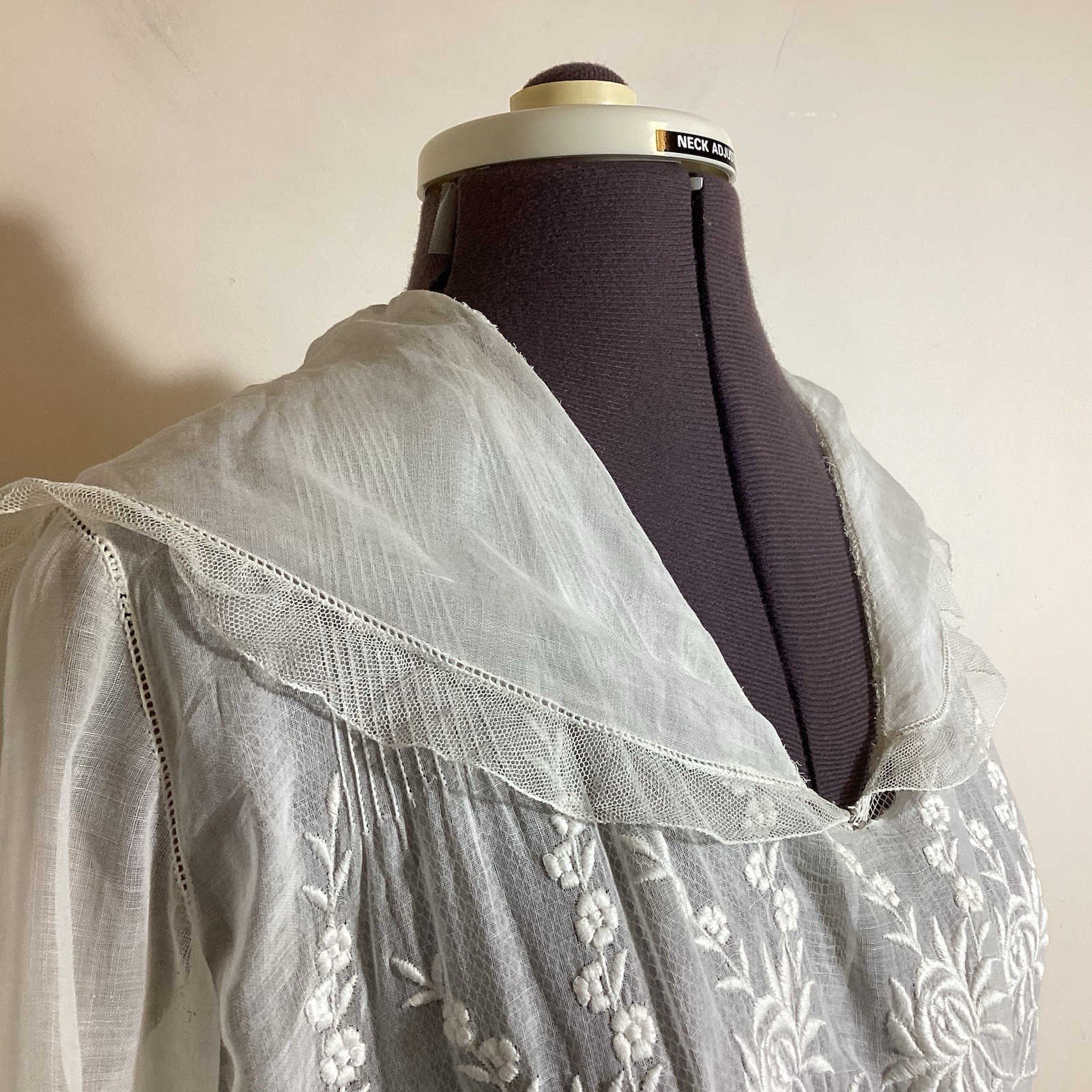 Edwardian 1910s Cotton Gauze Tea Gown Tiered Summer Dress Embroidery Mesh Ruffle