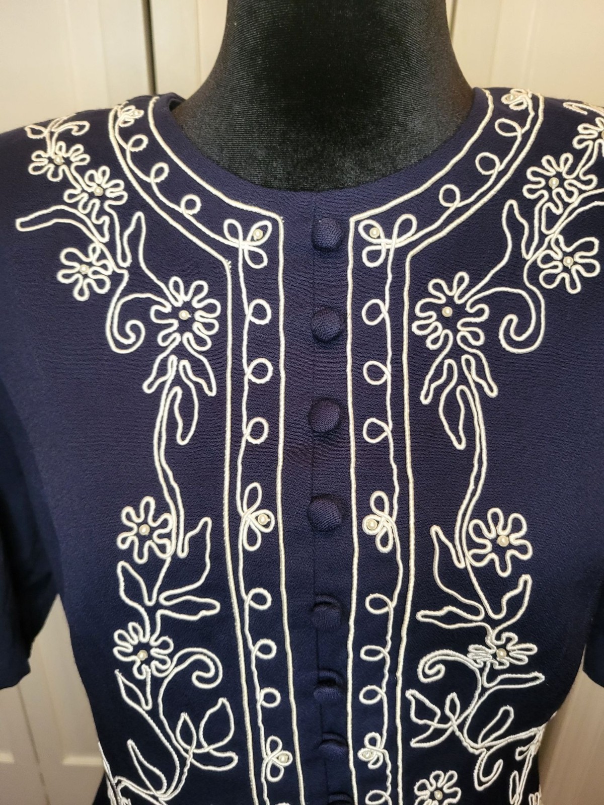 Karin Stevens Vintage 90s Does 40&rsquo;s Navy Blouse Embroidered Beaded 14 Nautical