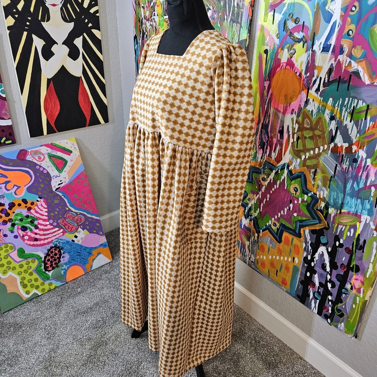 Handmade 70s Dress Polyester Yellow Brown Size L EUC