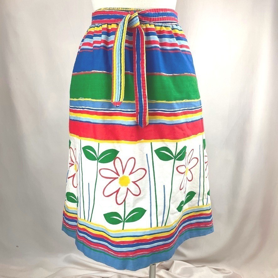 Vintage 70s A-Line Skirt Womens (28) Floral Sash Pockets Cottage Mod Stripe USA