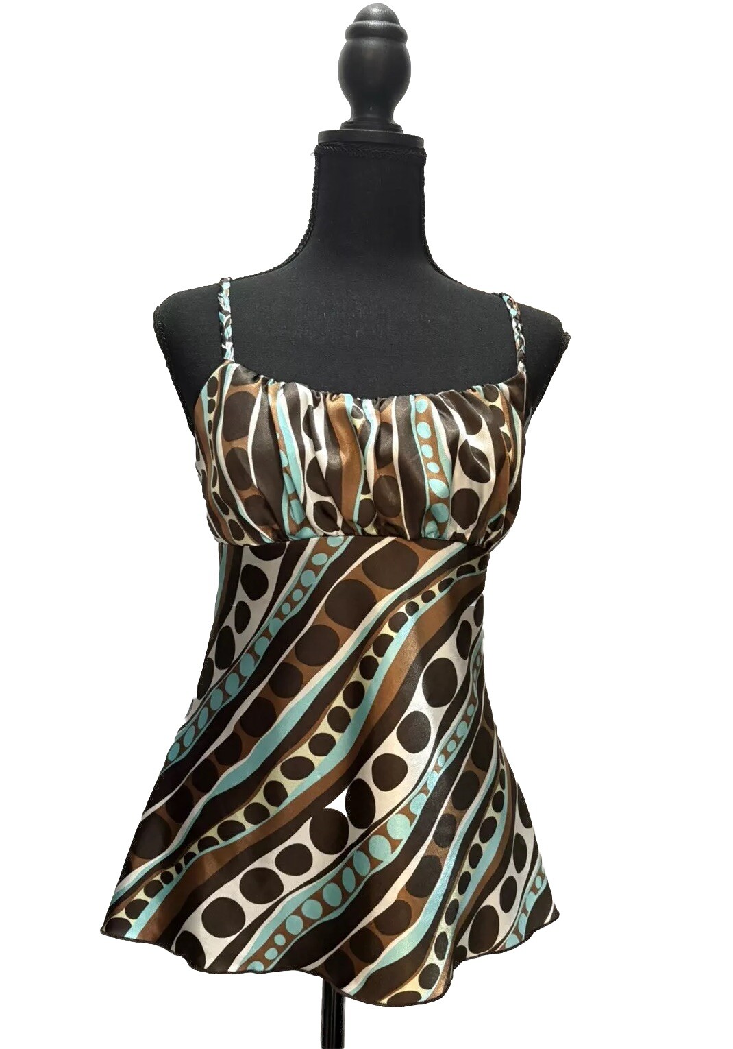 Vintage Y2K A. Byer Satin Ruffled Tank Top Brown Turquoise Size M