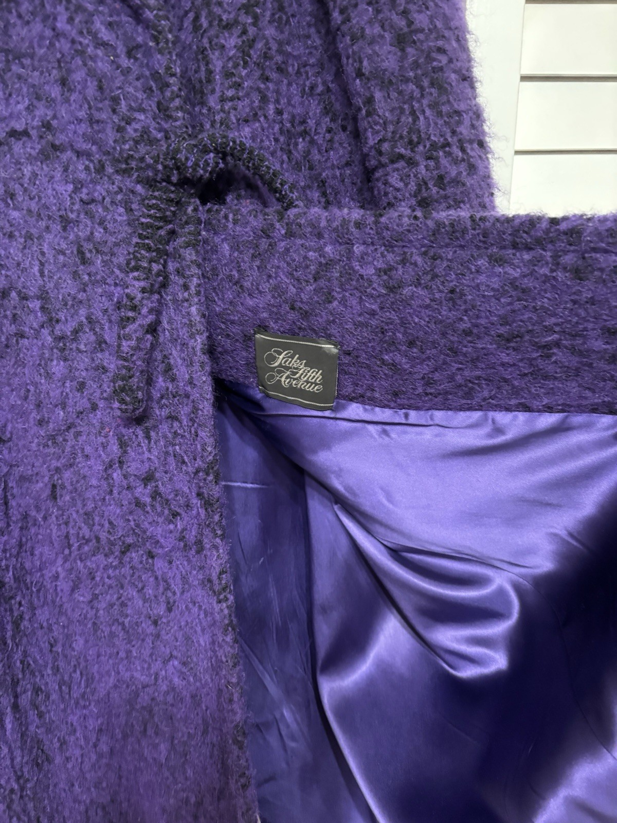 VTG Pauline Trigère Wool Blend Wrap Purple Black Coat Saks Fifth Ave Size 16